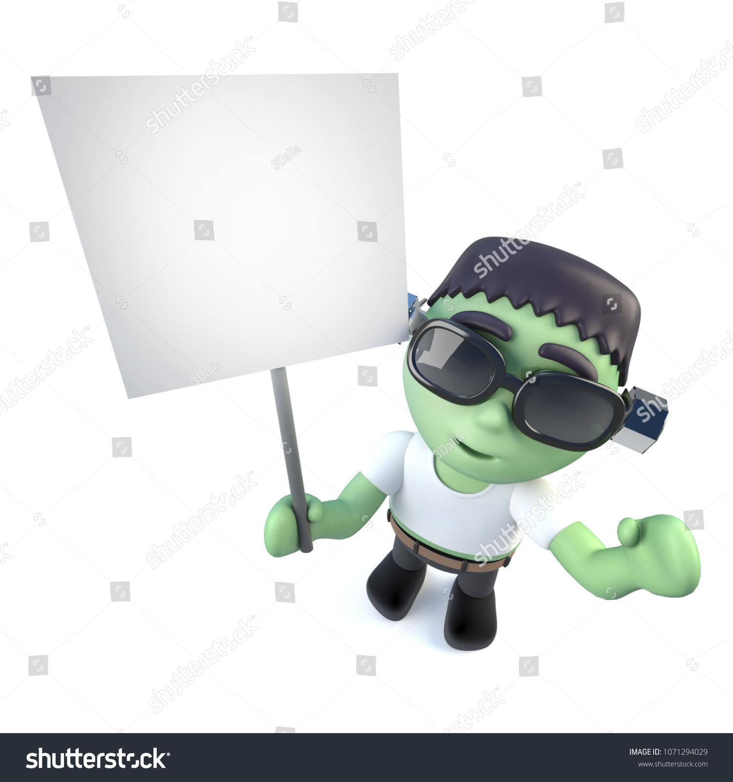 3d render of a funny cartoon frankenstein monster character holding a placard
