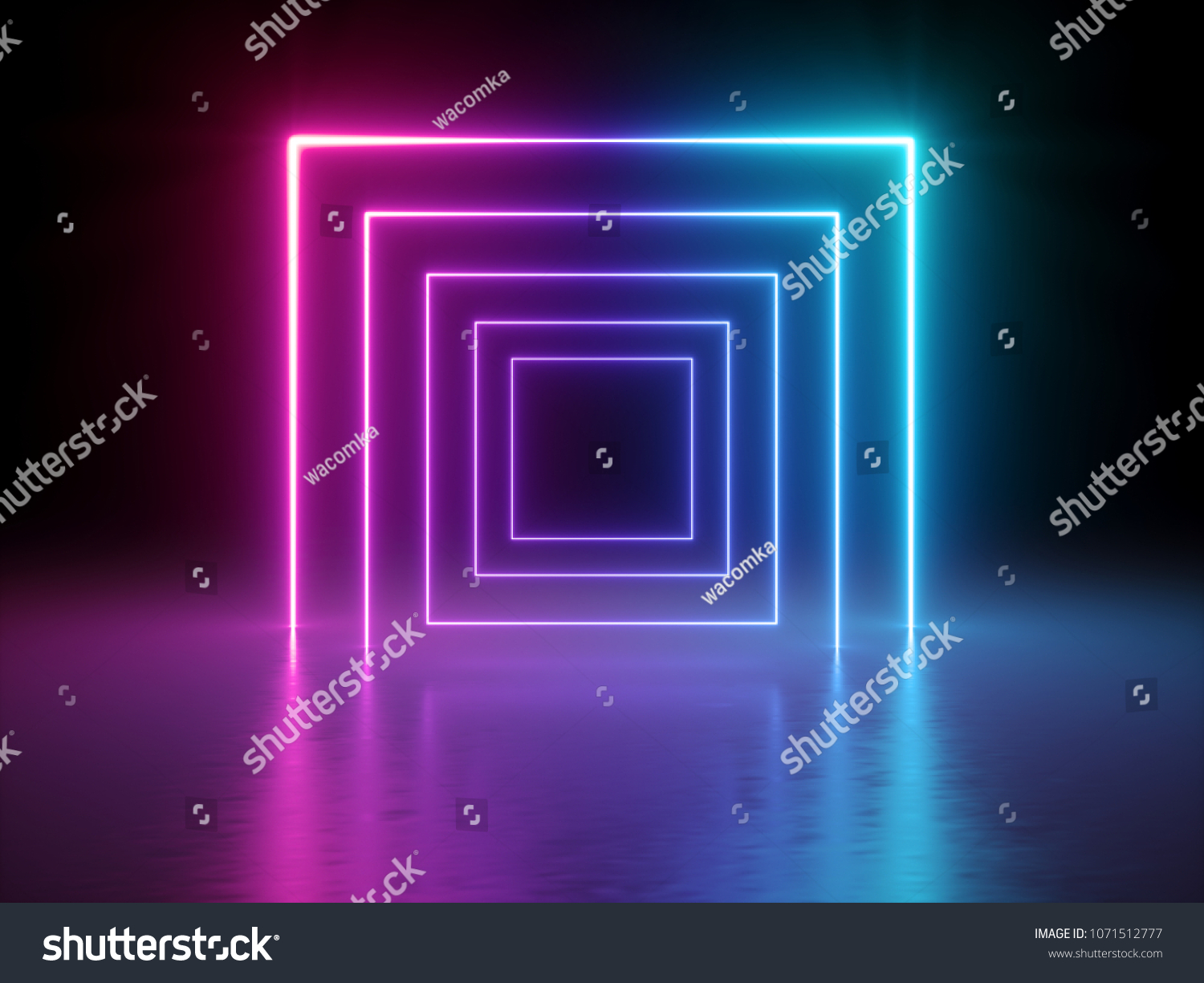 3D渲染 发光线 隧道 霓虹灯 虚拟现实 抽象背景 方形门户 拱门 粉红色蓝色光谱鲜艳的色彩 激光表演