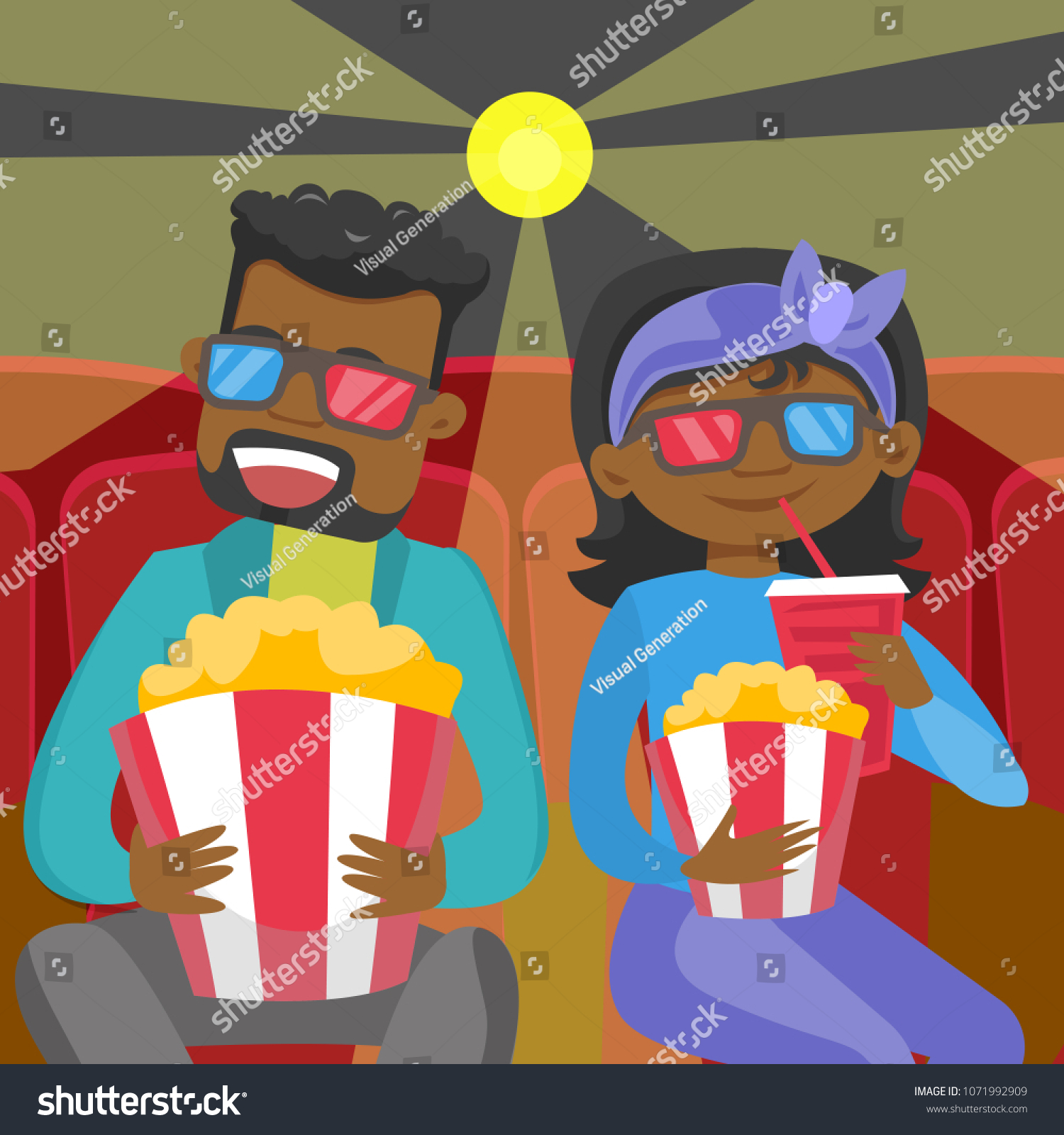 African-american friends watching three D movie. Young couple in 3d glasses watching movie and eating popcorn in the cinema. Vector cartoon illustration. Square layout.