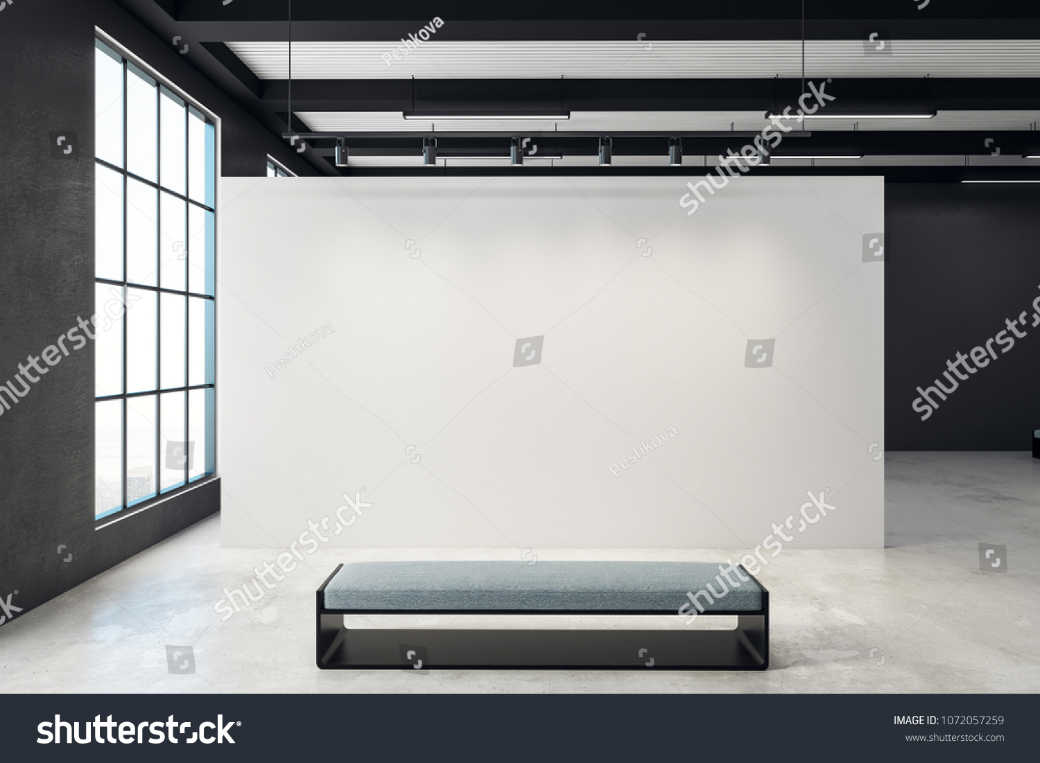 Contemporary exhibition hall with blank poster and bench. Window with city view. Gallery art exhibit and museum concept. Mock up 3D Rendering
