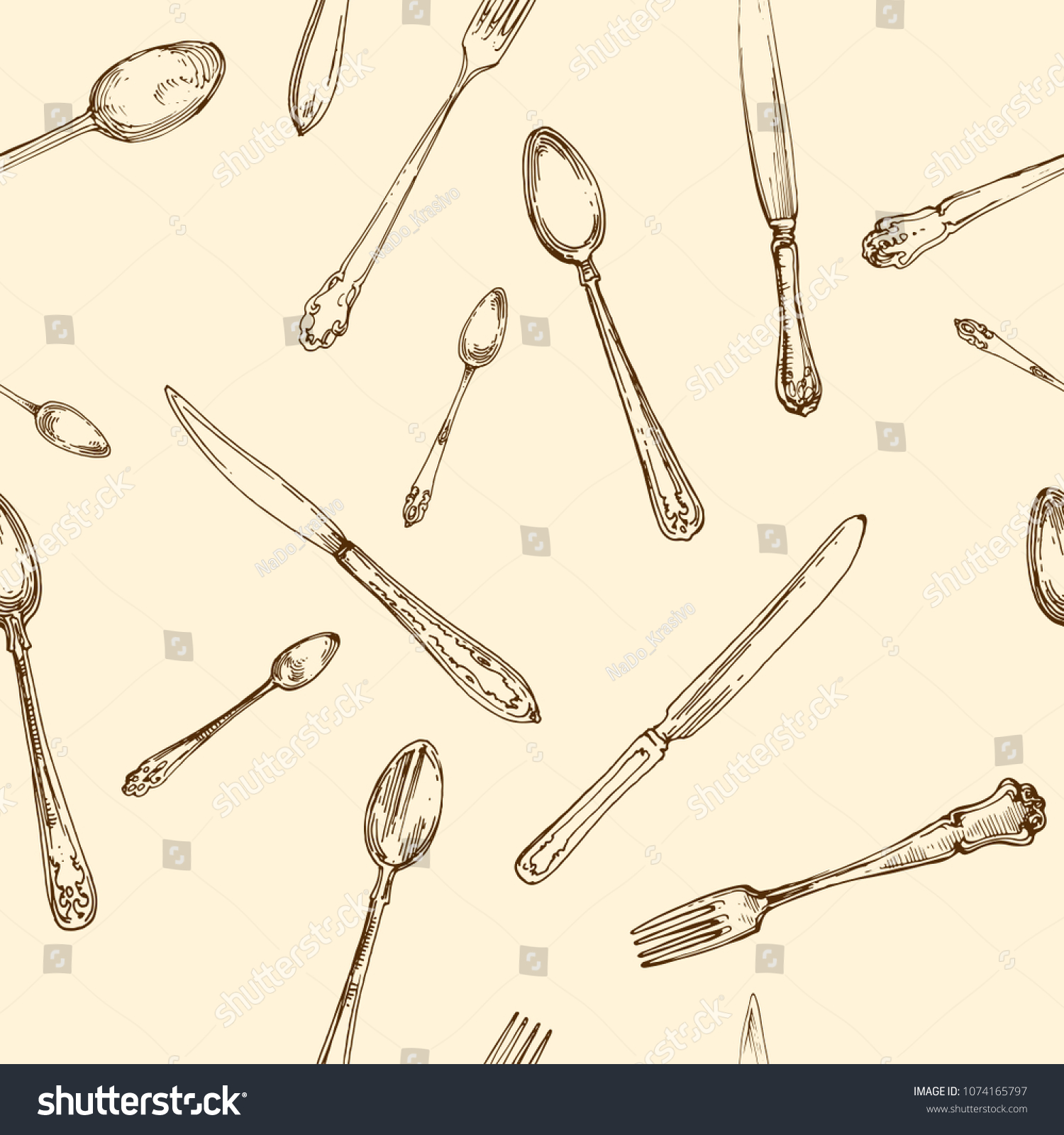 Spoon  Fork and Knife kitchen stuff silverware vintage hand drawn Ink doodle sketch seamless pattern