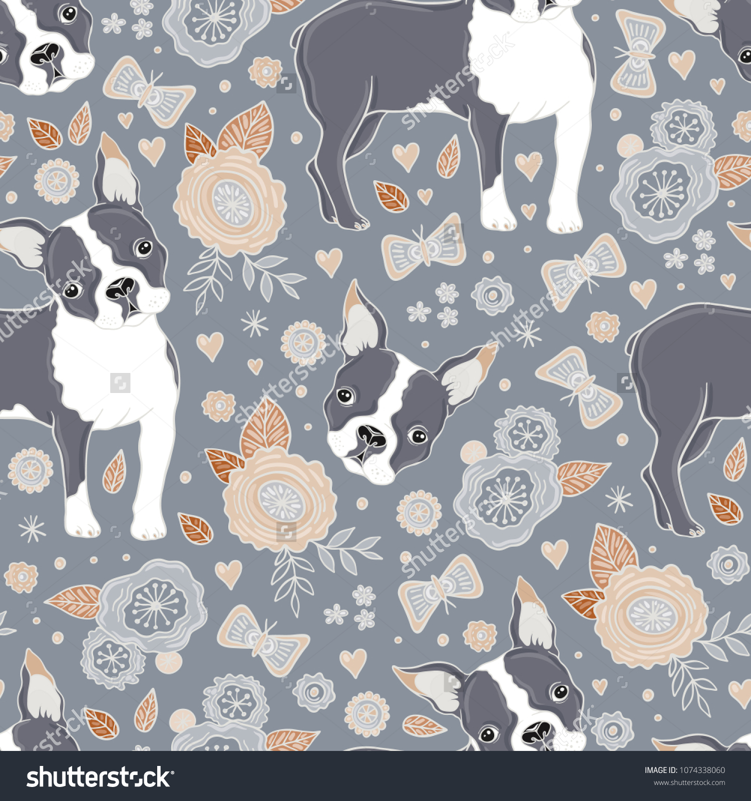 Boston terrier and beautiful flowers vector seamless pattern.