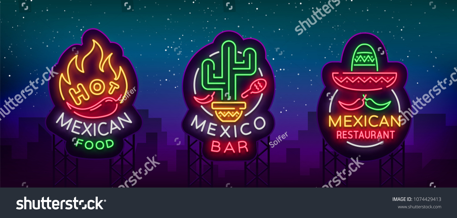 Mexican food is a collection of neon signs. Bright glow sign  neon banner  luminous logo  symbol  nightly advertisement of Mexican food. Design template for restaurant  bar  cafe. Vector illustration