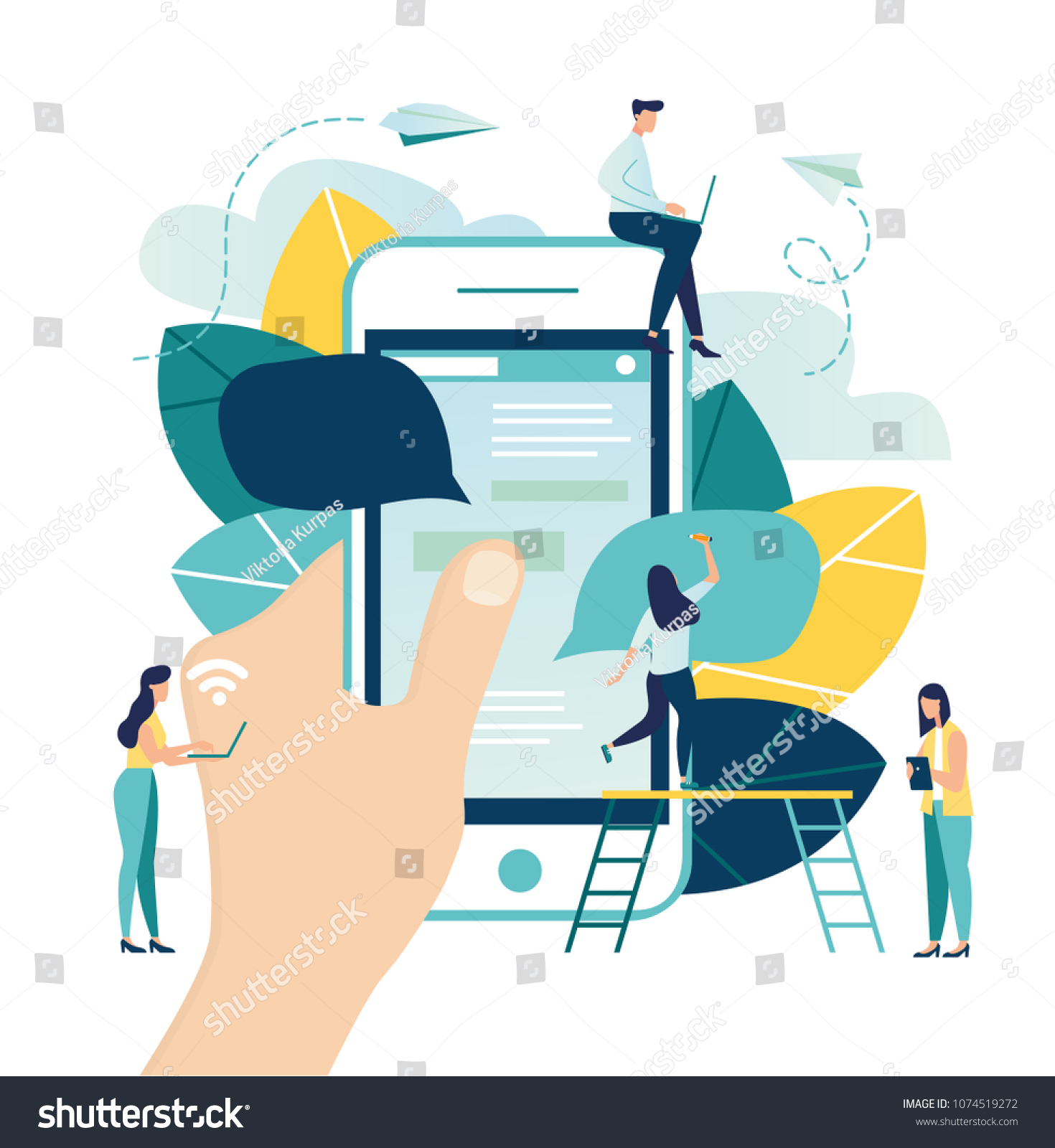 Vector colorful illustration of communication via the Internet  social networking chat  video news messages web site  search friends  mobile web graphics sending messages  online dating