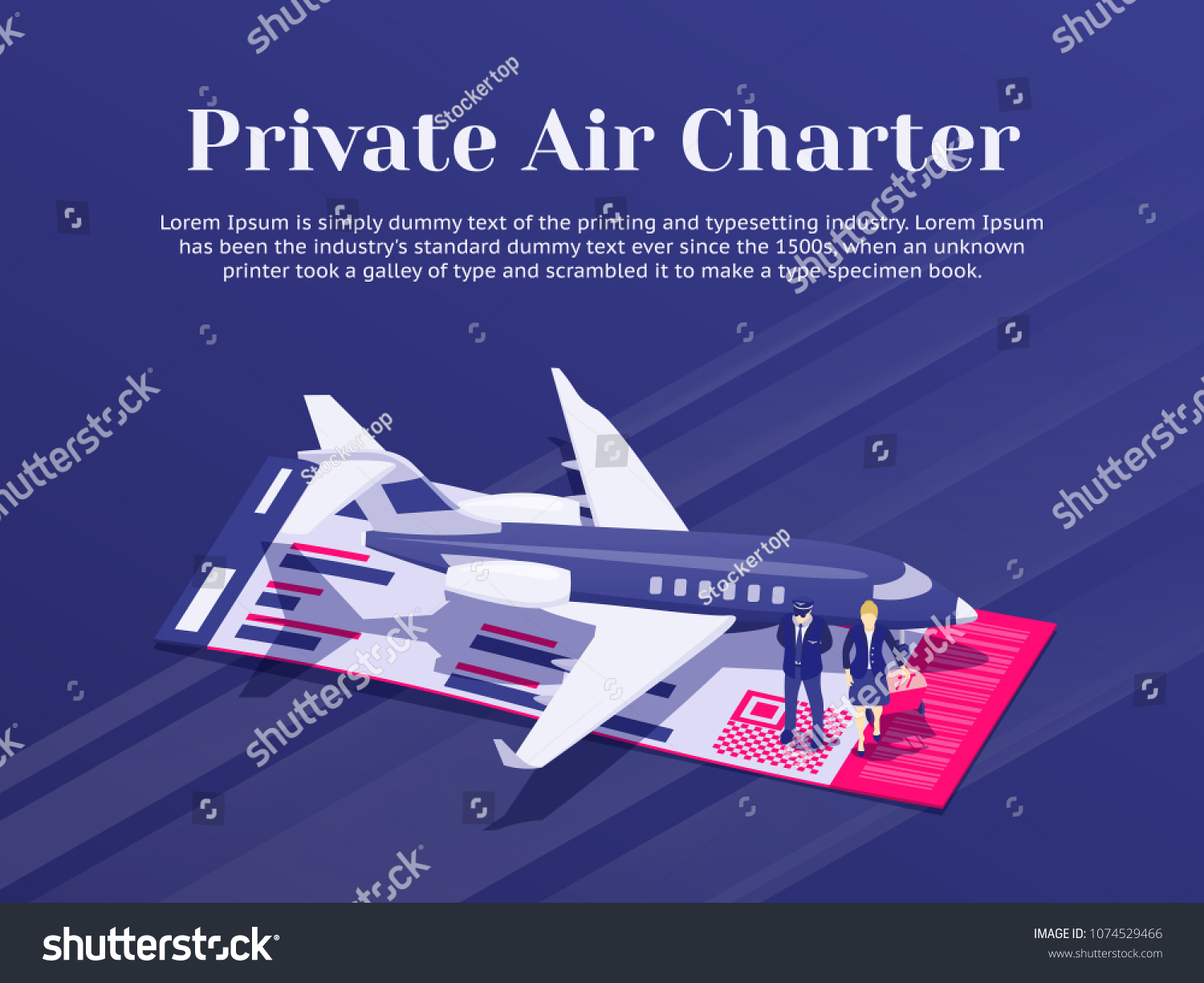 Private Jet Charter Flights. Air travel flat 3d isometric design concept. Pilot and stewardess stand near the plane. Banner for advertisement and website. Passenger Aircraft. Vector illustration