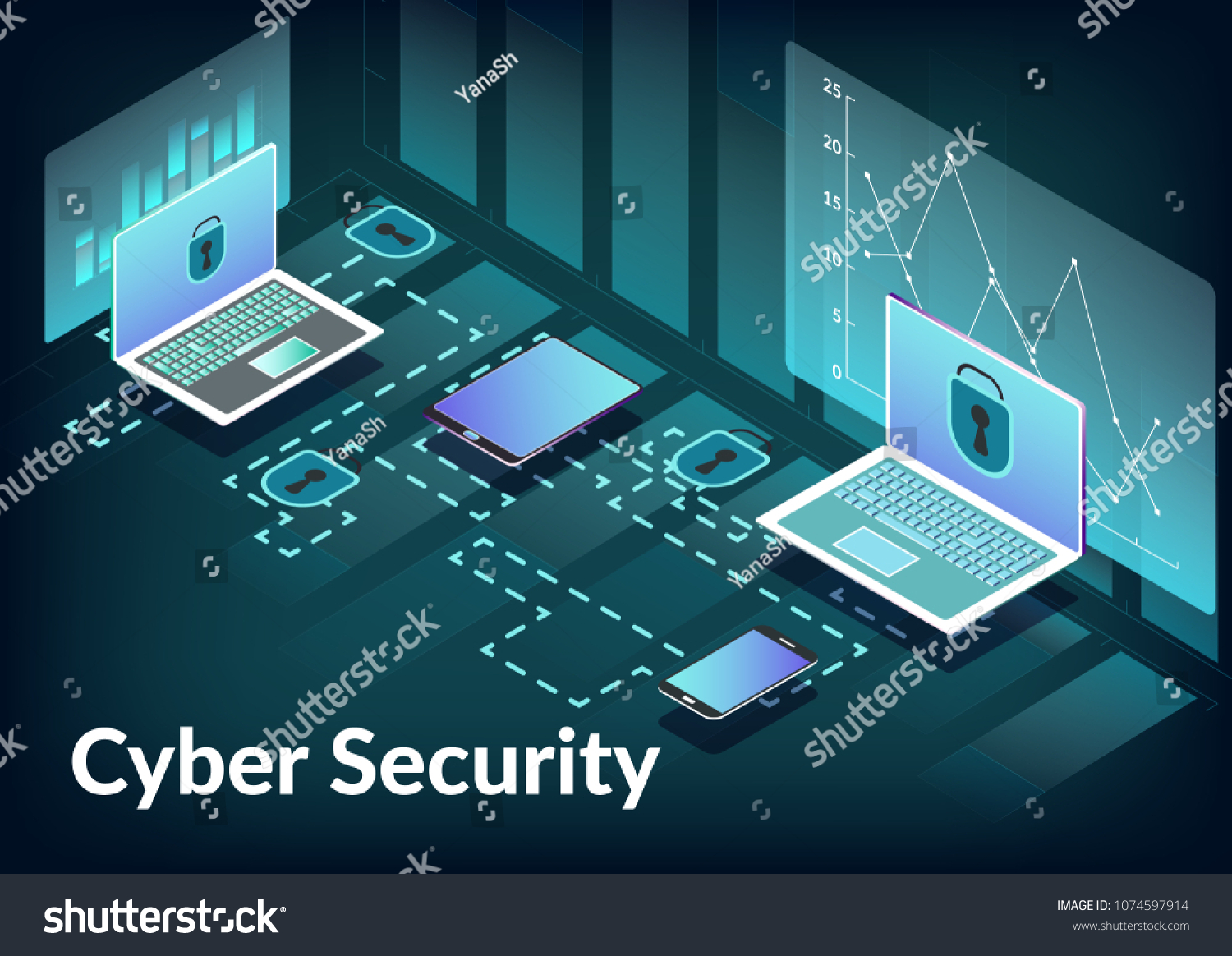 Cyber security technology concept. Vector illustration with isometric laptop  smartphone  tablet  locks and charts. Protection of computer system  network and data from hacker attack.