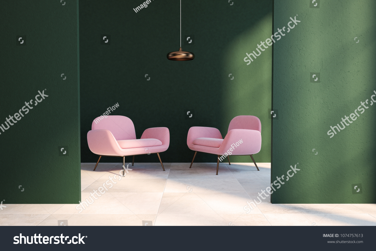 Living room interior with dark green walls a checkered floor a ceiling lamp and two pink armchairs in the doorway. 3d rendering mock up