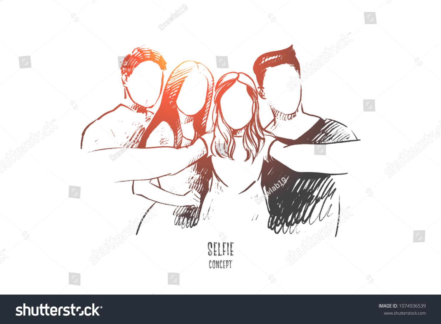 Selfie concept. Hand drawn group of people taking selfie. Friends taking selfie and laughing isolated vector illustration.