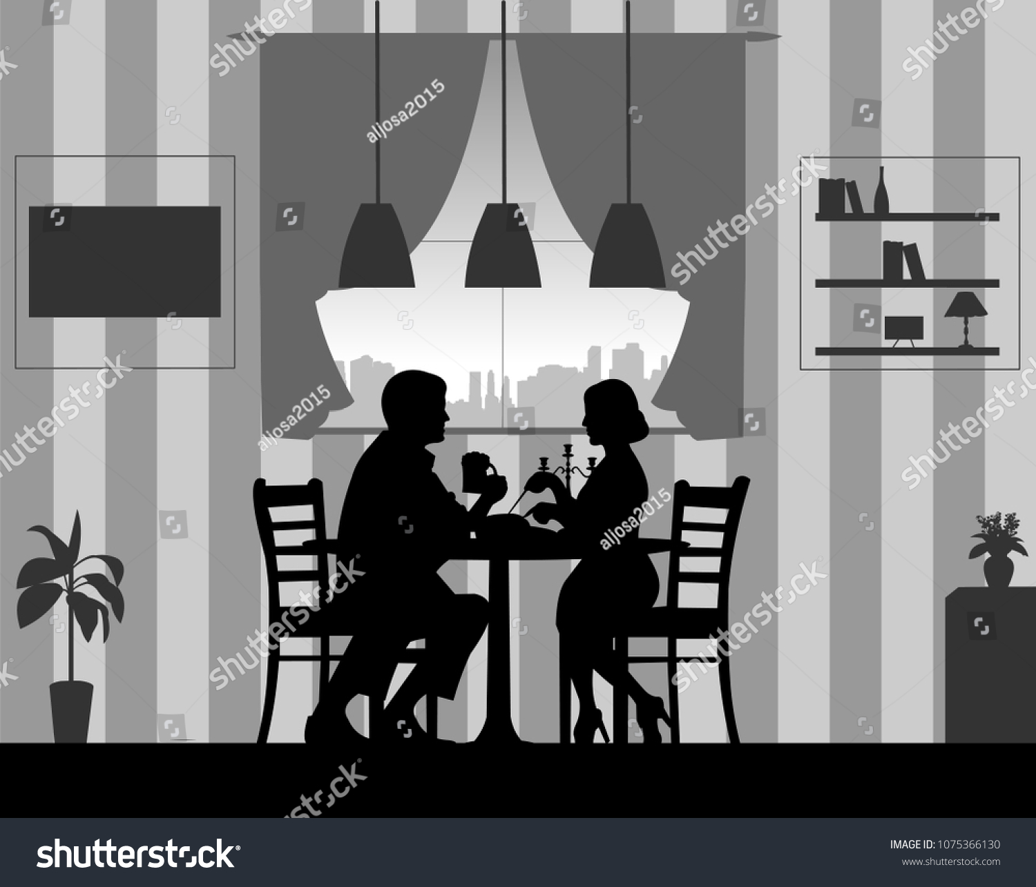 Background with couple and a romantic dinner at home silhouette 