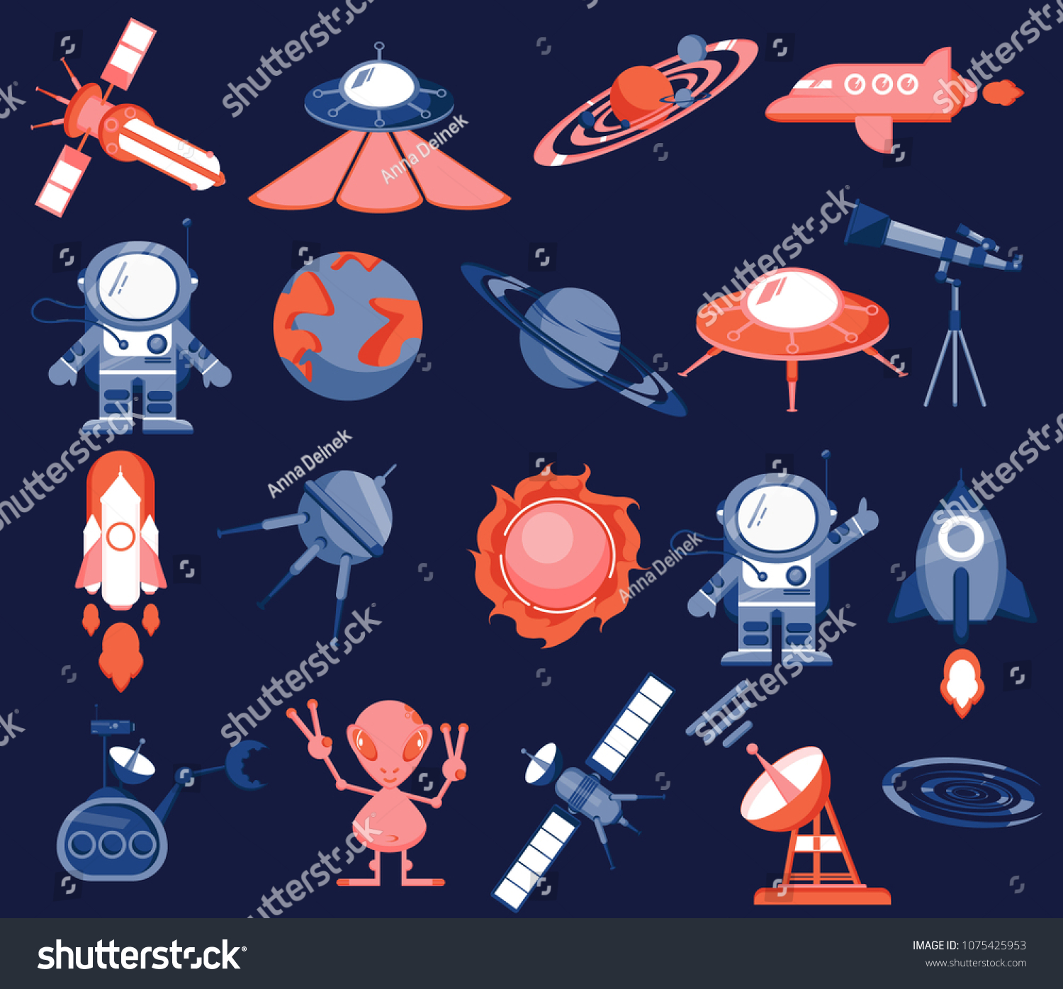 Space set  astronaut  alien  rockets  space planes  satellites  flying saucers  robot  planets  solar system  stars  rover  radar sun  telescope. Modern vector flat image isolated on black background.
