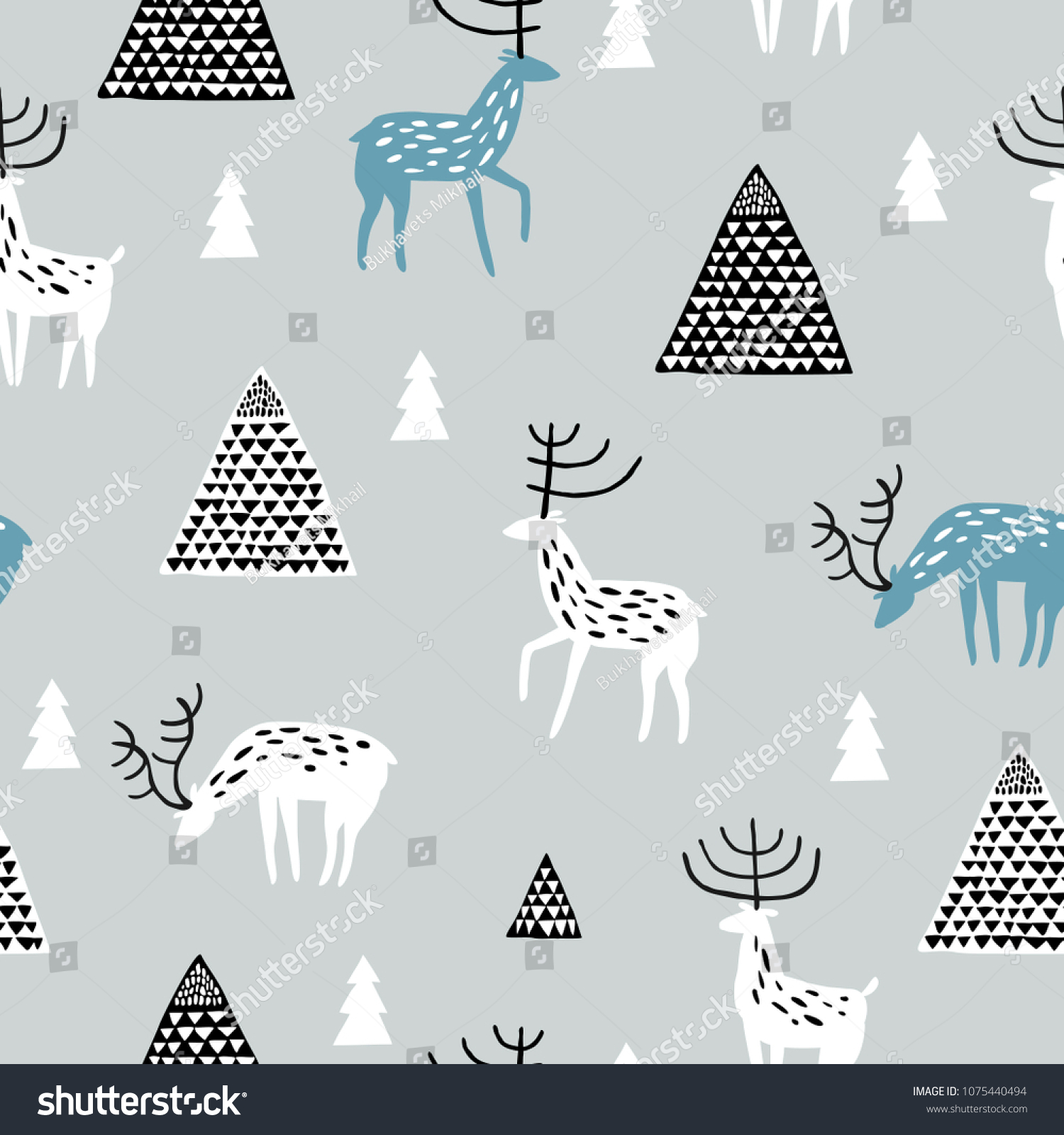 Seamless pattern with wild deers. Perfect for cards  invitations  party  banners  kindergarten  baby shower  preschool and children room decoration. Scandinavian landscape.