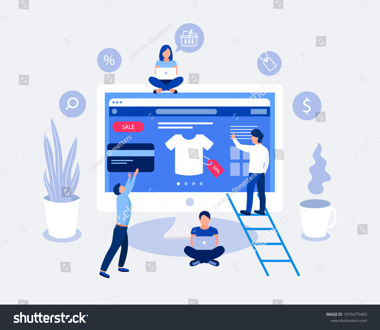 Online shopping design concept. Small people buy things on the site. Laptop screen with open site with goods t-shirt. Flat design. Vector illustration.