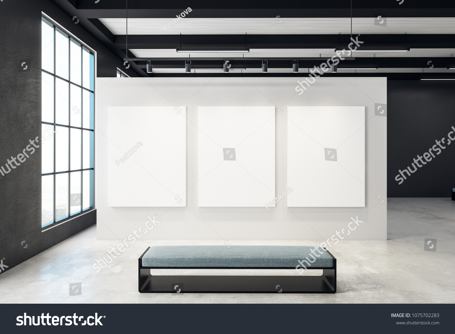 Contemporary exhibition hall with blank banner and bench. Window with city view. Gallery art exhibit and museum concept. Mock up 3D Rendering