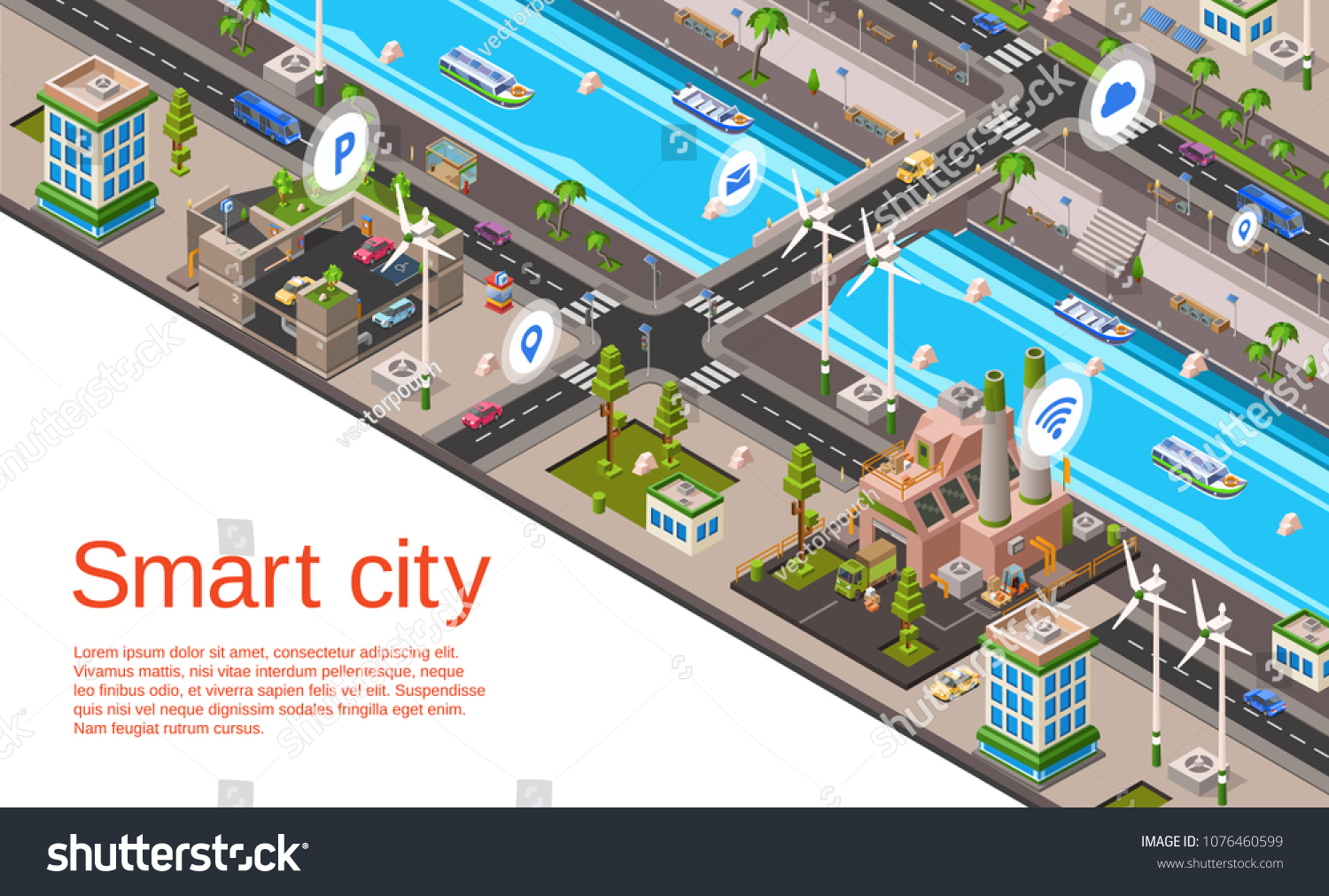 Vector isometric smart city concept. Illustration with 3d buildings  street roads with car navigation markers  factory  windmills  riverside embankment with ship  water vessel urban landscape template