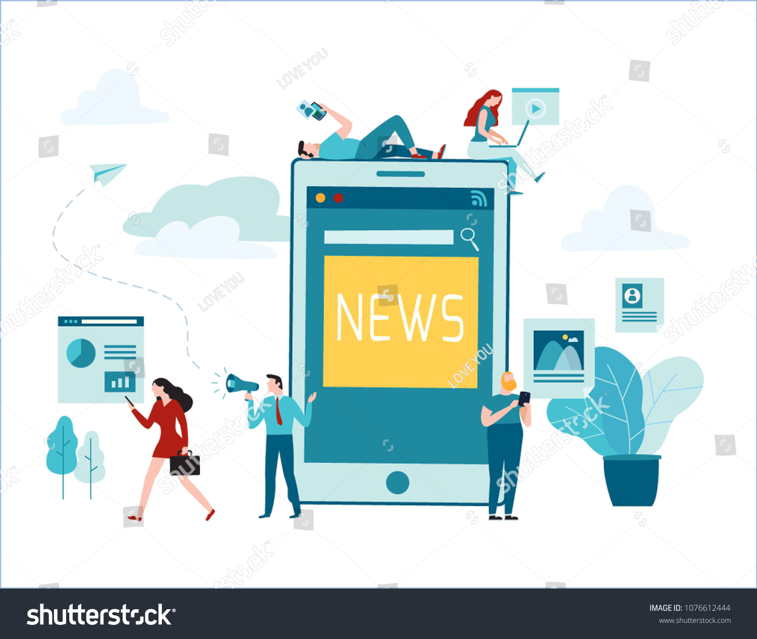 online news vector illustration.social networks. virtual communication.information search concept.small people flat cartoon character design for web banner background
