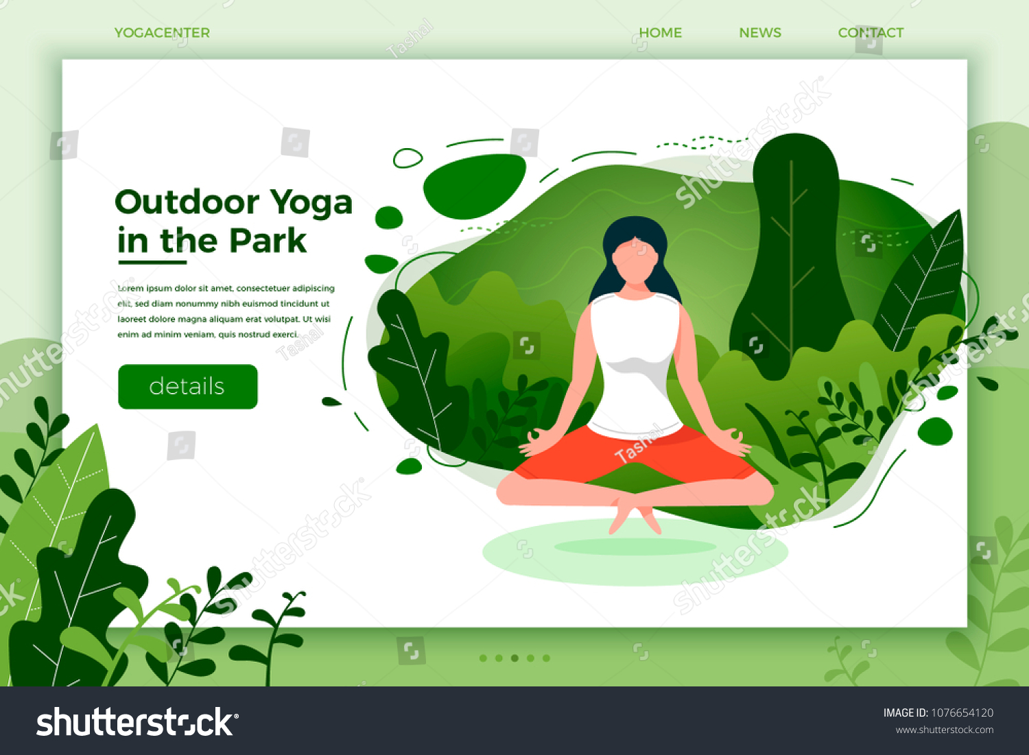 Vector illustration - girl in yoga lotus pose. Park  forest  trees and hills on background. Banner  site  poster template with place for your text.