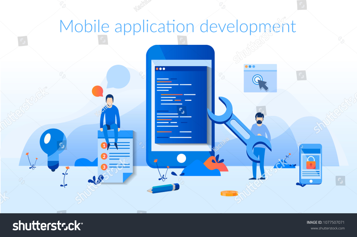 Mobile application development process flat vector illustration. Software API prototyping and testing background. Smartphone interface building process  mobile app build