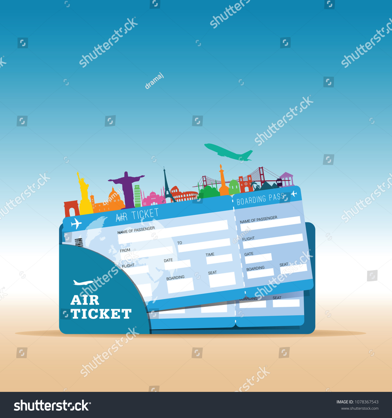air ticket travel with icon illustration in colorful
