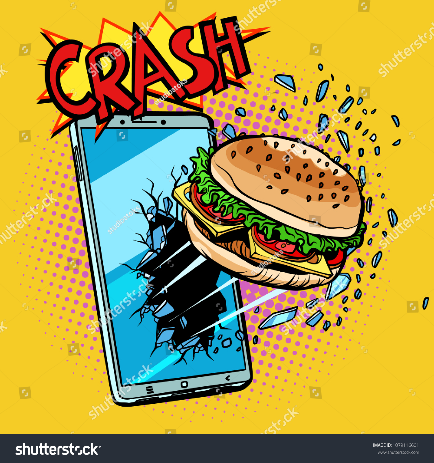 Online food delivery concept  Burger and smartphone. Pop art retro vector illustration comic cartoon kitsch drawing