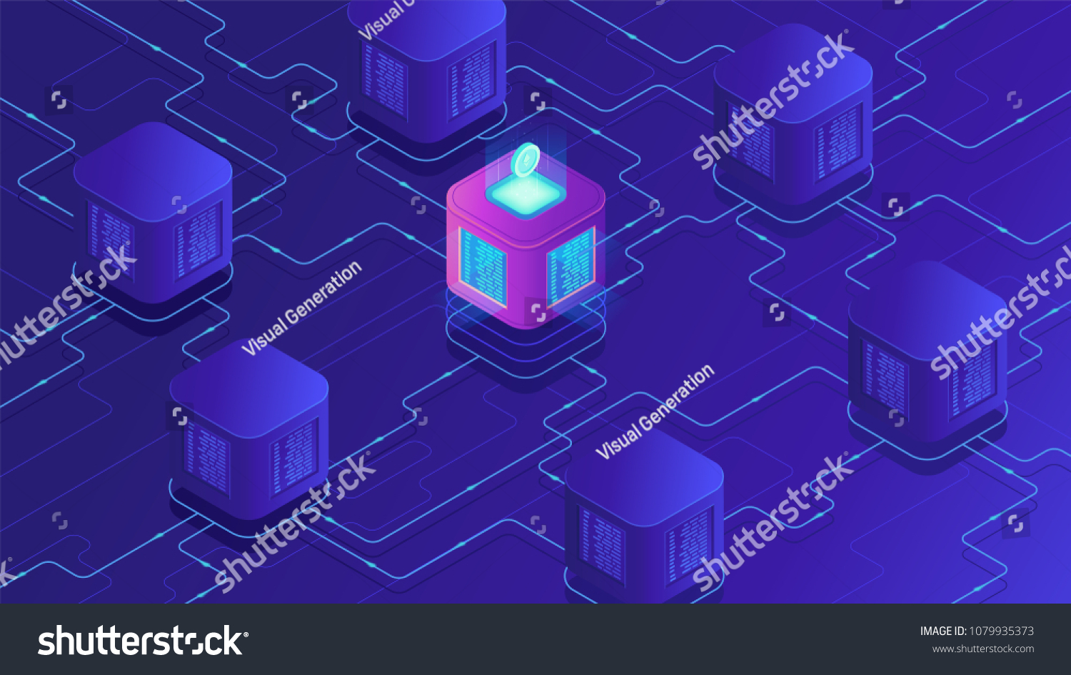 Isometric blockchain technology concept. Network  e-commerce  bitcoin trading  global cryptocurrency blockchain data transfer illustration on ultraviolet background. Vector 3d isometric illustration.
