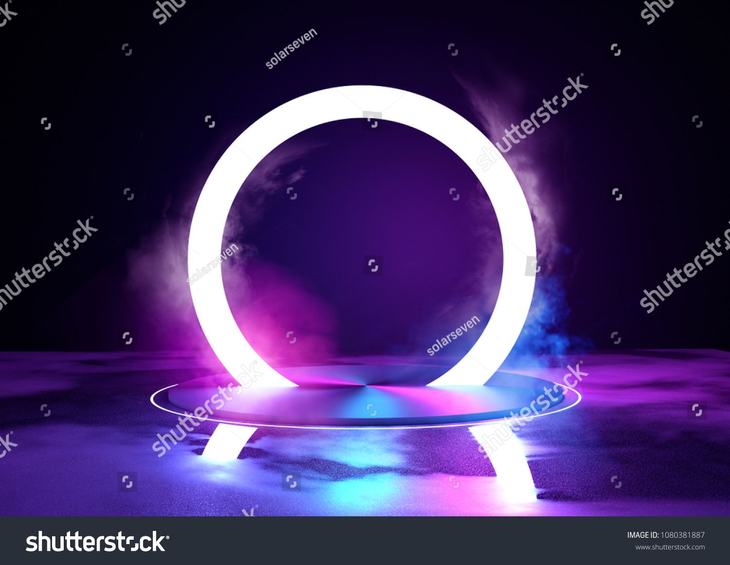 A large glowing neon loop sircle  futuristc background with platform. 3D illustration.
