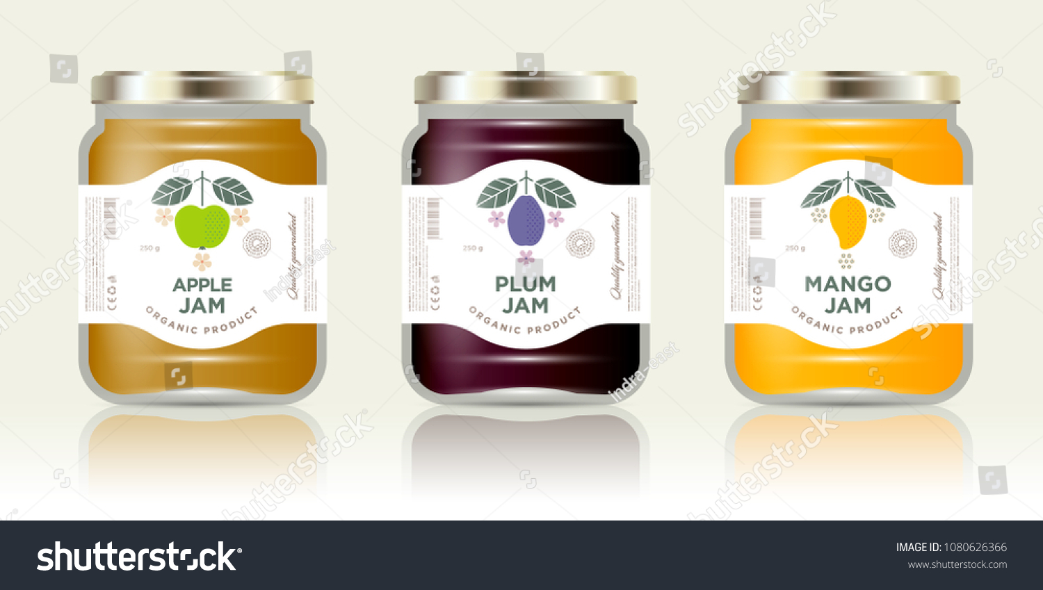 Three labels fruit jam. Mango  apple  plum jam labels and packages. Three packaging. Premium design. The flat original illustrations and texts on the minimalist labels on the jars with caps.
