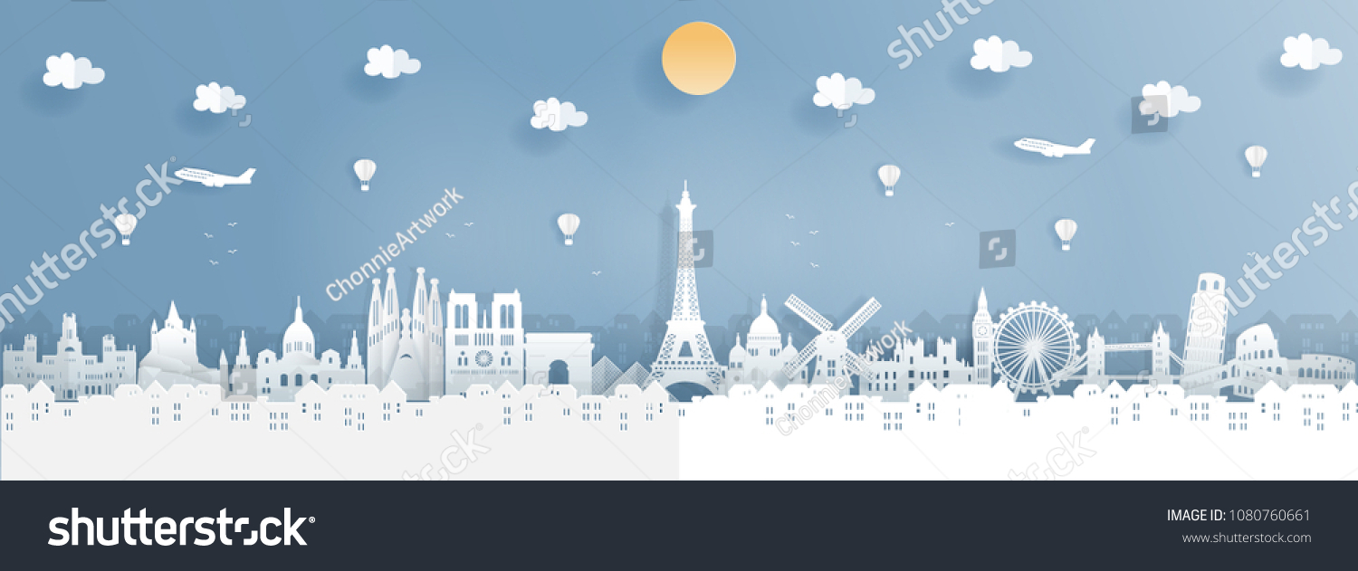 Top world famous landmark for travel poster and postcard  France England Spain Italy in paper origami style vector illustration.