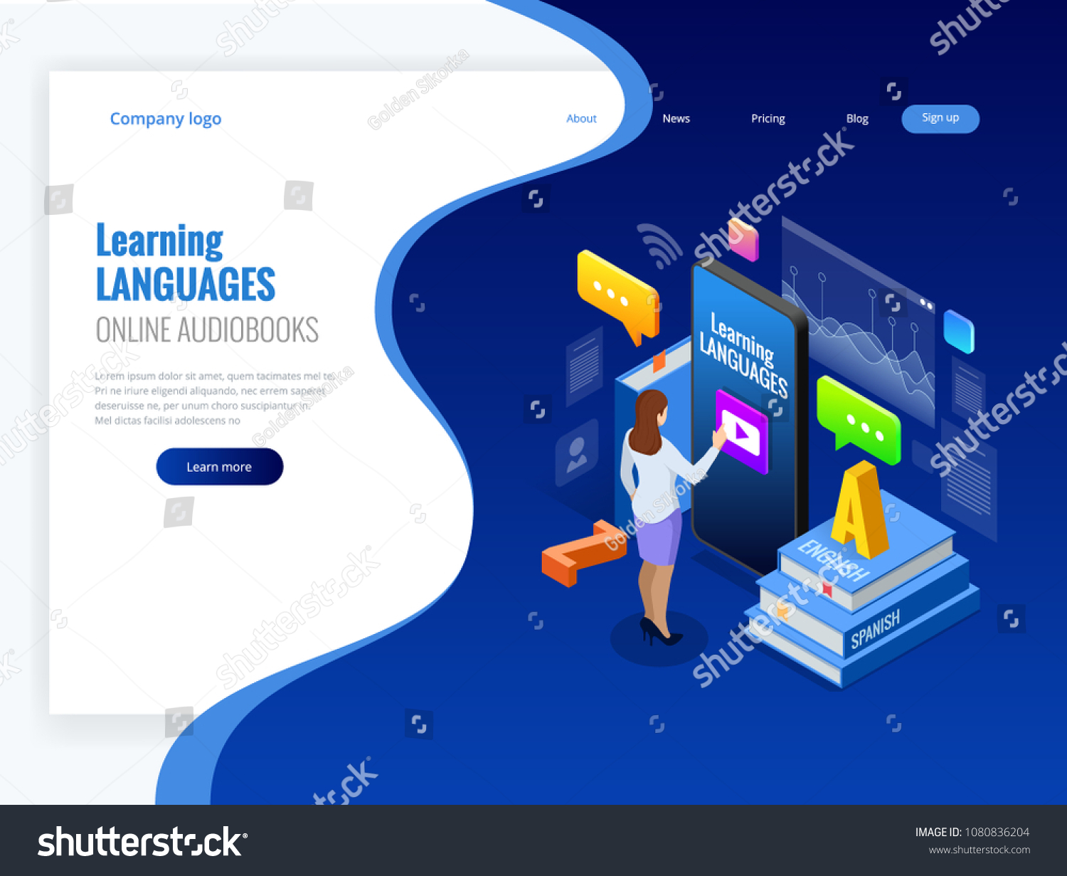 Isometric Online Language Learning Interface and Teaching Concept. Online language school lifestyle. Education Concept. Vector illustration