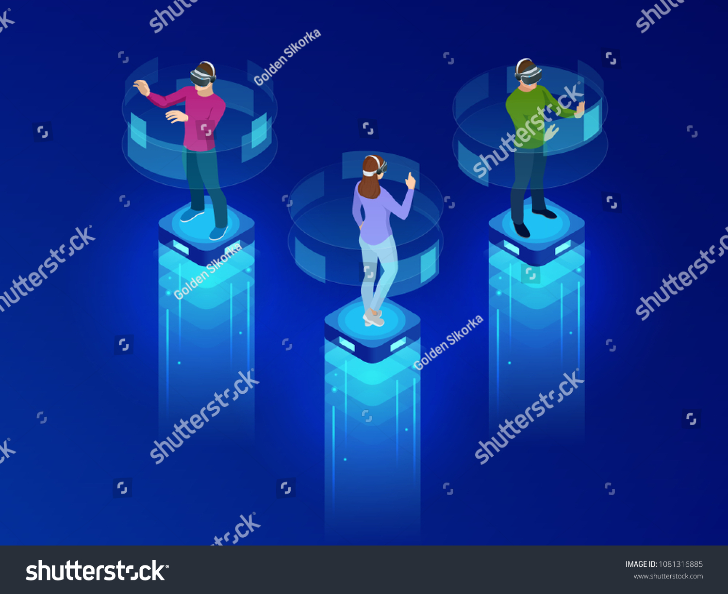 Isometric men and a woman wearing goggle headset with touching vr interface. Into virtual reality world. Future technology