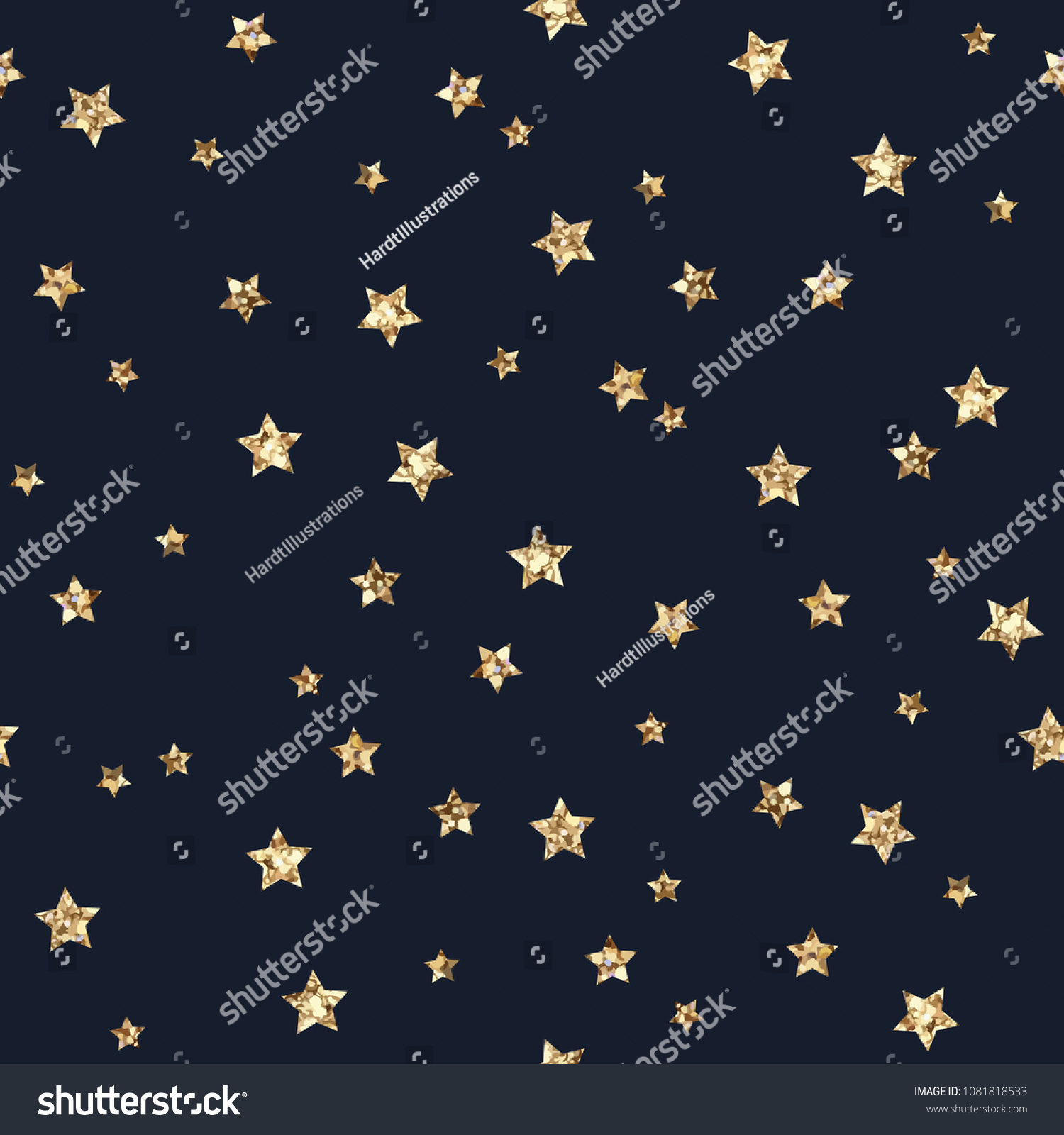 Gold Glitter Stars Seamless Pattern - Scattered gold glitter stars on faded navy blue background seamless pattern