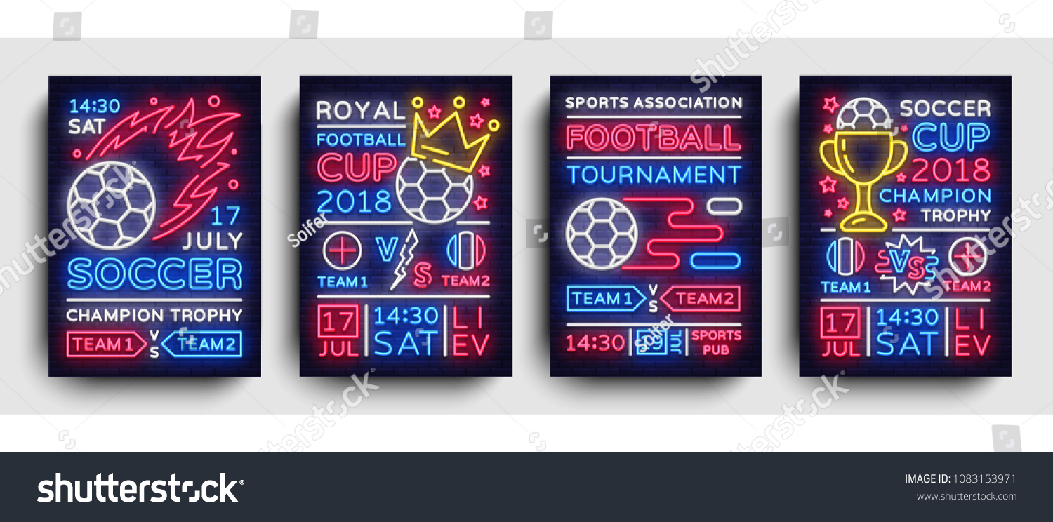 Soccer collection posters neon vector. Football Cup Championship 2018 postcard  flyer design template  light banner  brochure soccer championship  invitation to European football  typography. Vector