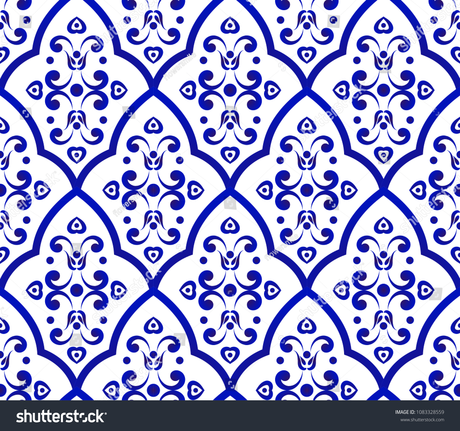 seamless porcelain decorative pattern damask style Isalamic blue and ...