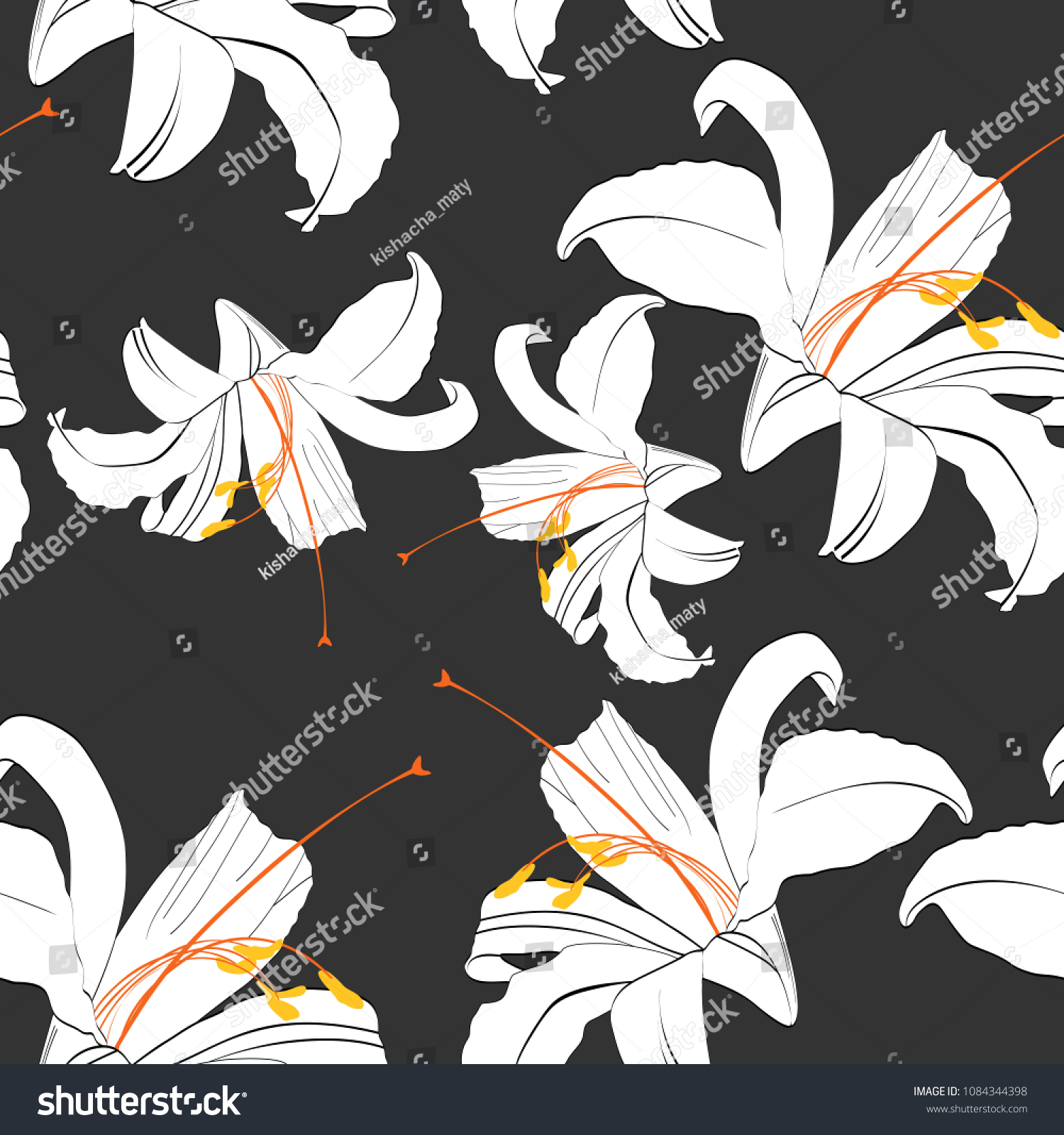 Beautiful black and white seamless pattern with lilies. Hand-drawn contour lines. design greeting card and invitation of the birthday  Valentine's Day  mother's day  other holiday. Black background.