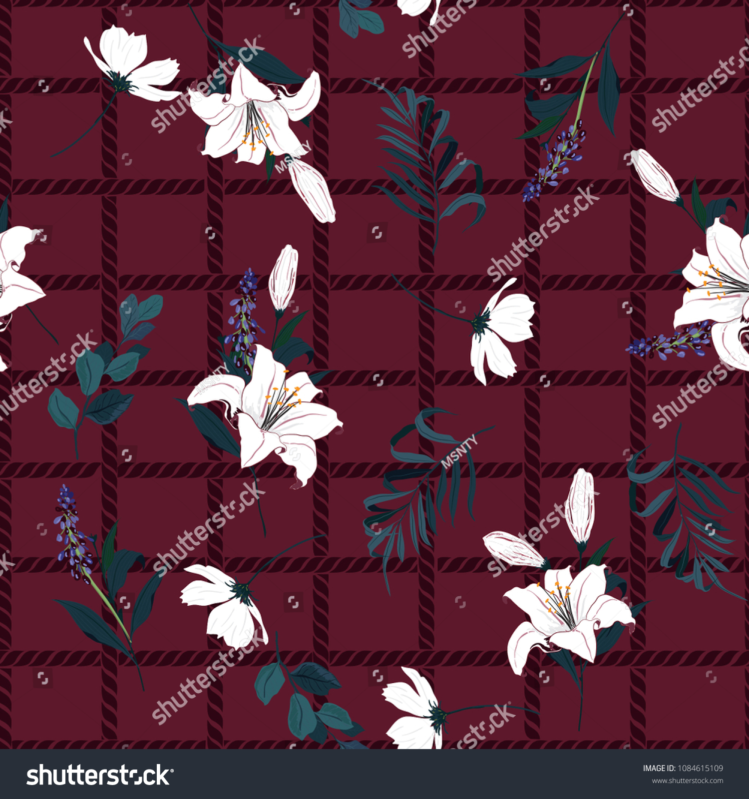 Beautiful seamless pattern spring branch delicate and beautiful white lily blooming flowers vector on hand drawn grid rope check for fashion fabric  wallpaper on maroon color