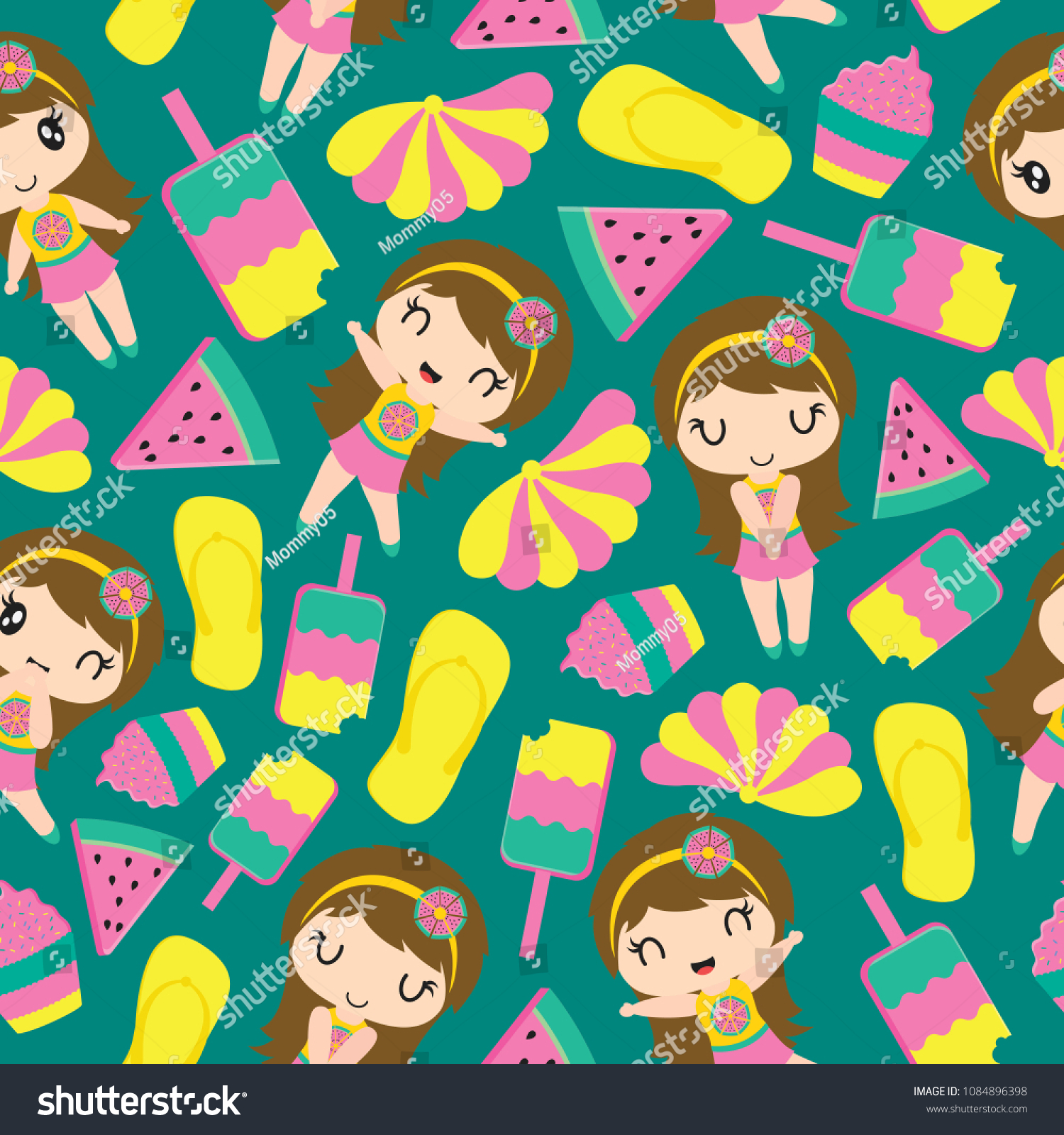 Seamless pattern of cute girl and summer elements vector cartoon illustration for kid wrapping paper  kid fabric clothes  and wallpaper