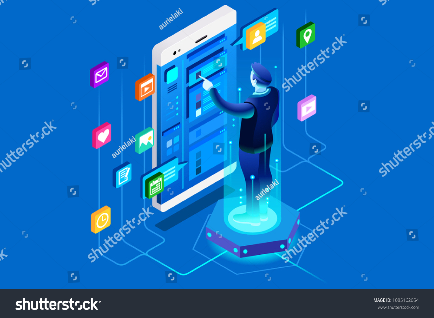 Mobile user  company interface of office application. Developer working on ui experience. Can use for web banner images. Flat isometric people  vector illustration isolated on generic background.