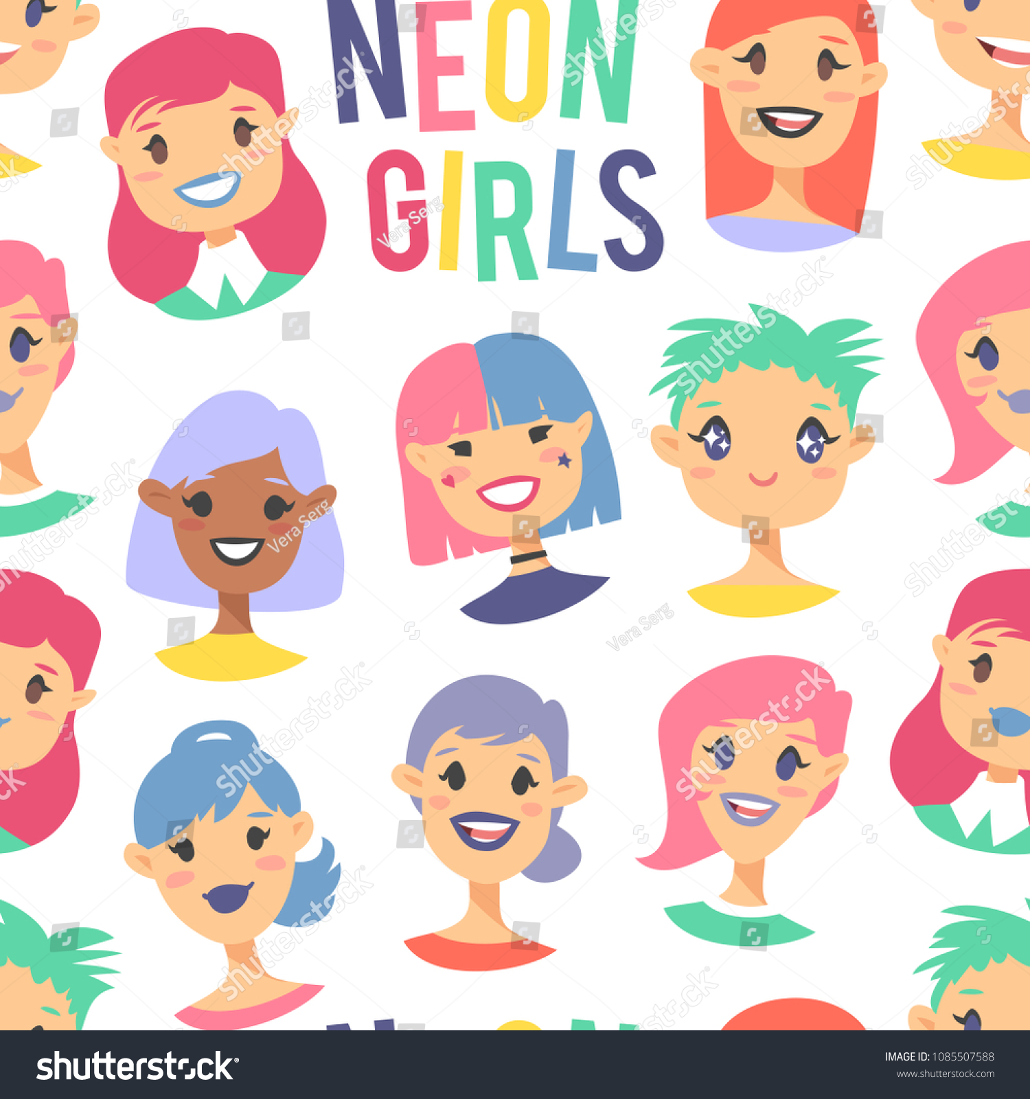 Seamless pattern with holopunk girl avatar with nice facial expressions. Cartoon style emotion icon. Actual Flat illustration women's emotional face. Hand drawn vector neon teens emoticon