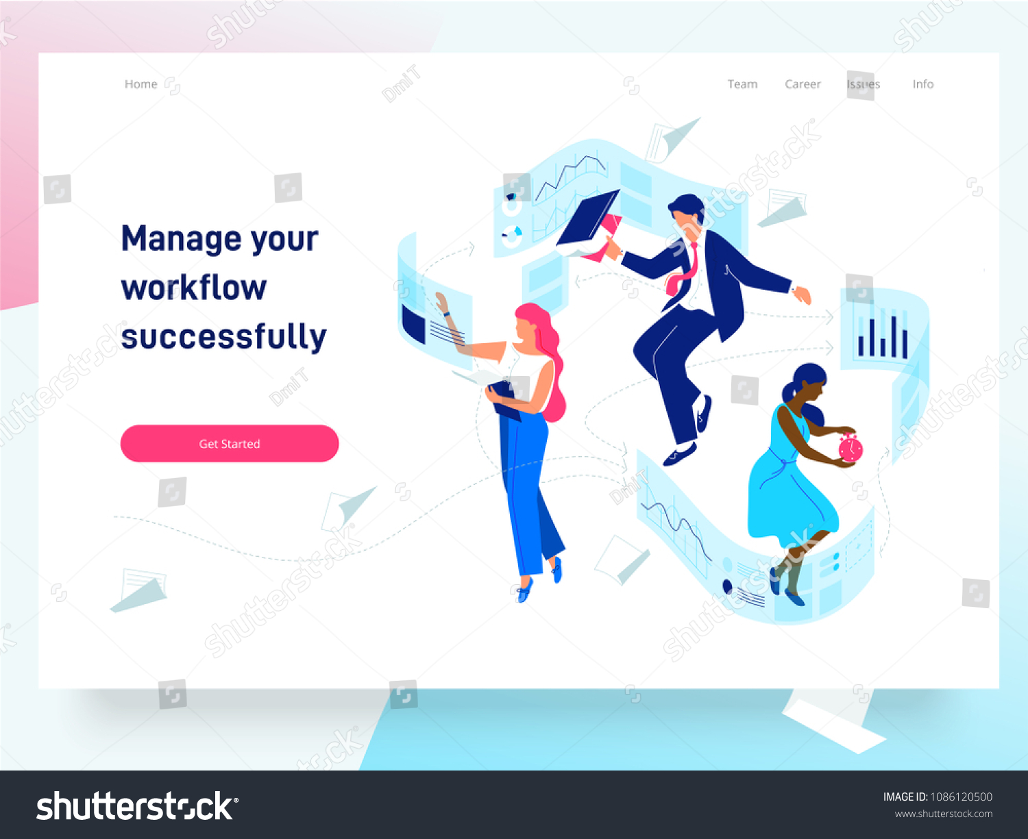 People flying and interacting with graphs and papers. Business and workflow management. Landing page template  vector isometric illustration.