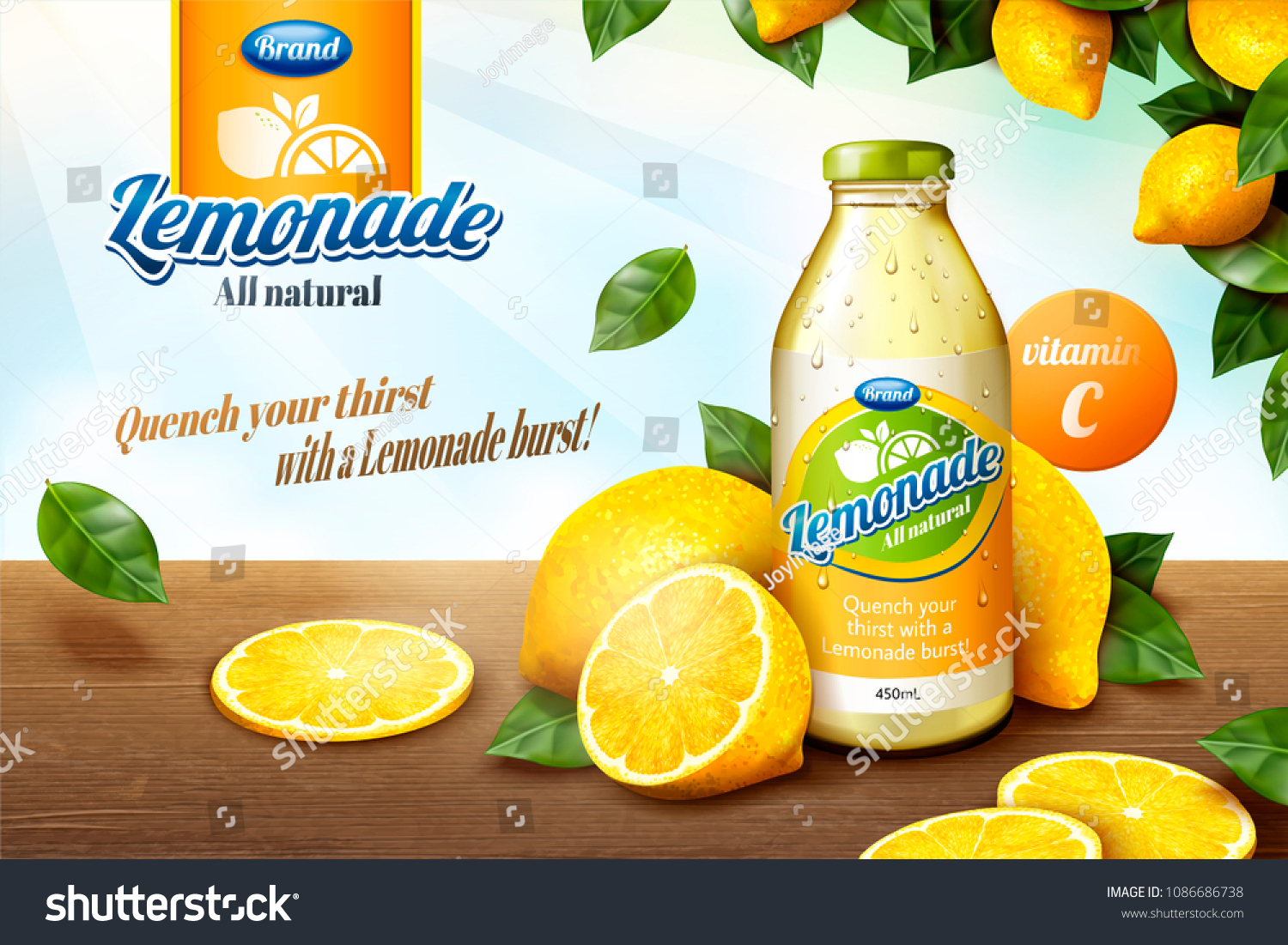 Natural lemonade juice with sliced fruit on wooden table in 3d illustration  orchard frame