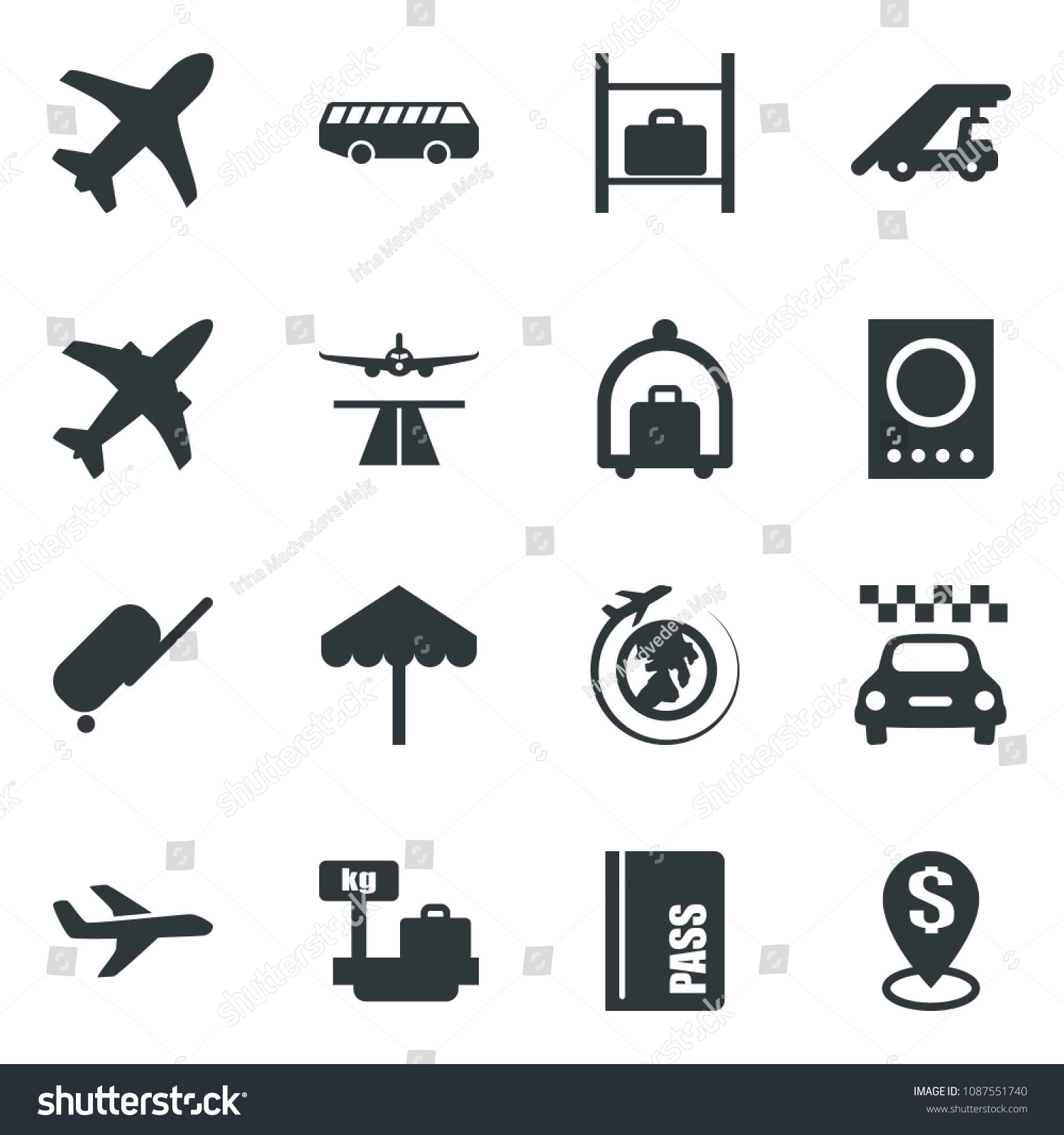 Black vector icon set plane vector  runway  taxi  suitcase  baggage trolley  airport bus  umbrella  passport  ladder car  luggage storage  scales  globe  dollar pin