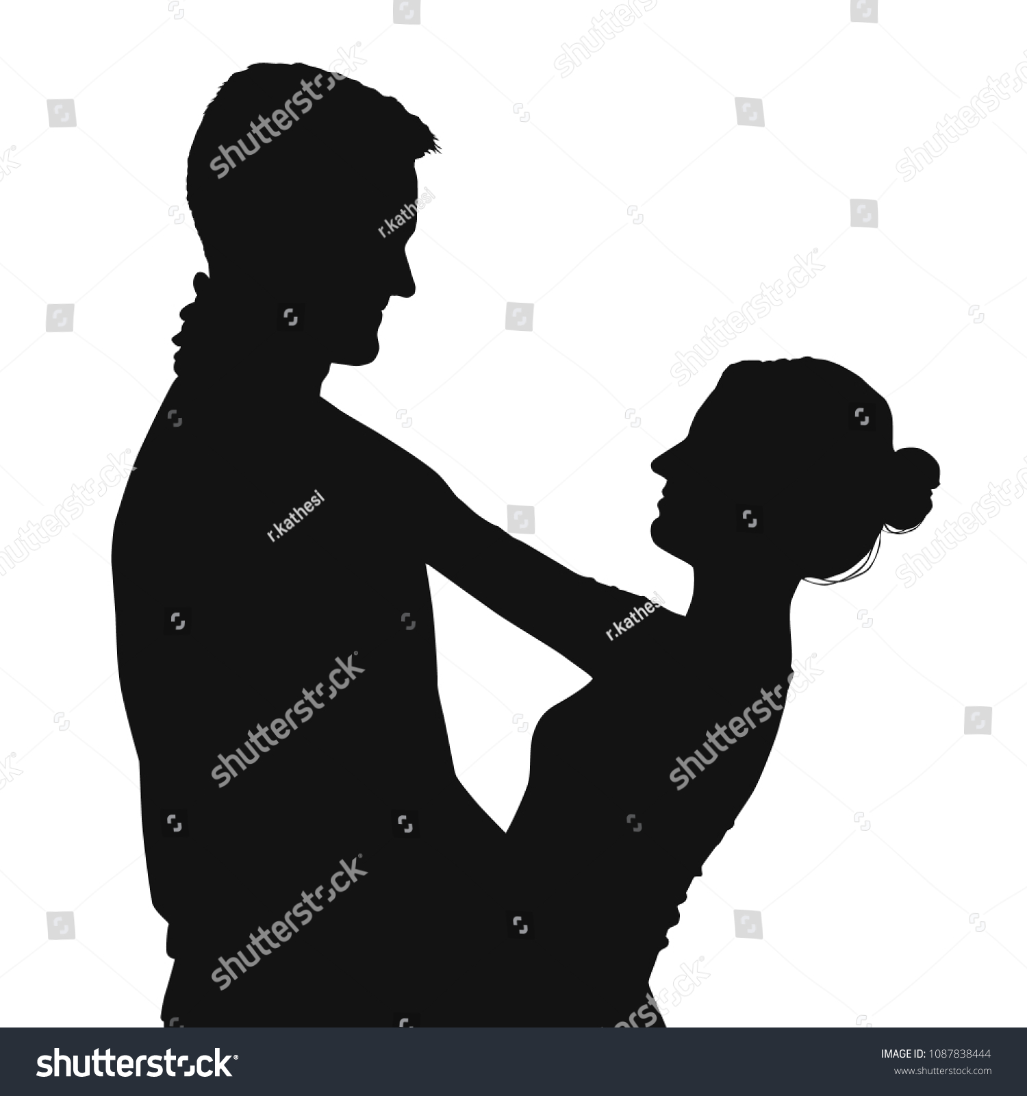 Vector black silhouette of happy couple isolated on white background