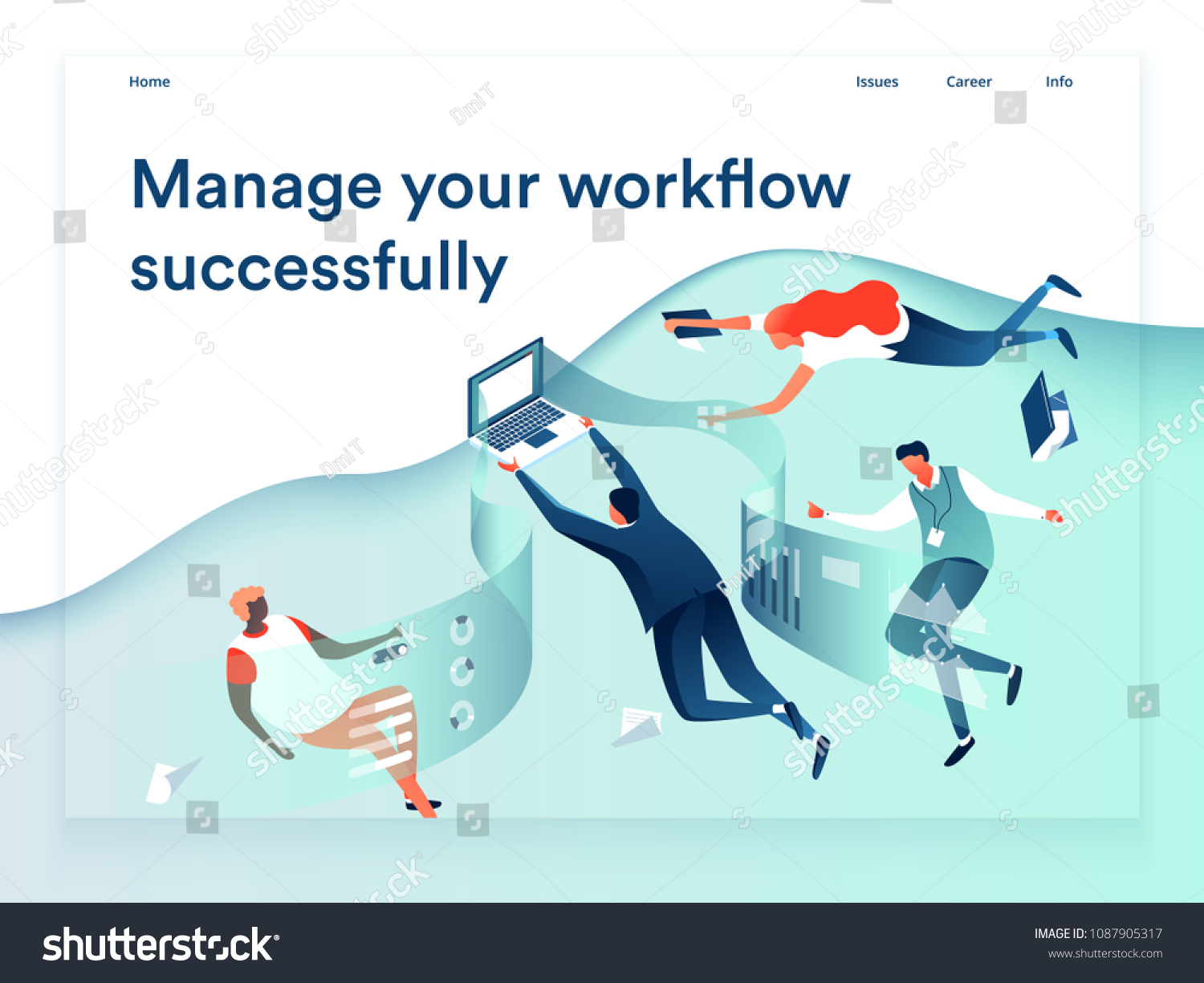 人们与图形和论文进行飞行和互动。业务和工作流管理。着陆页模板 3D等距矢量图。