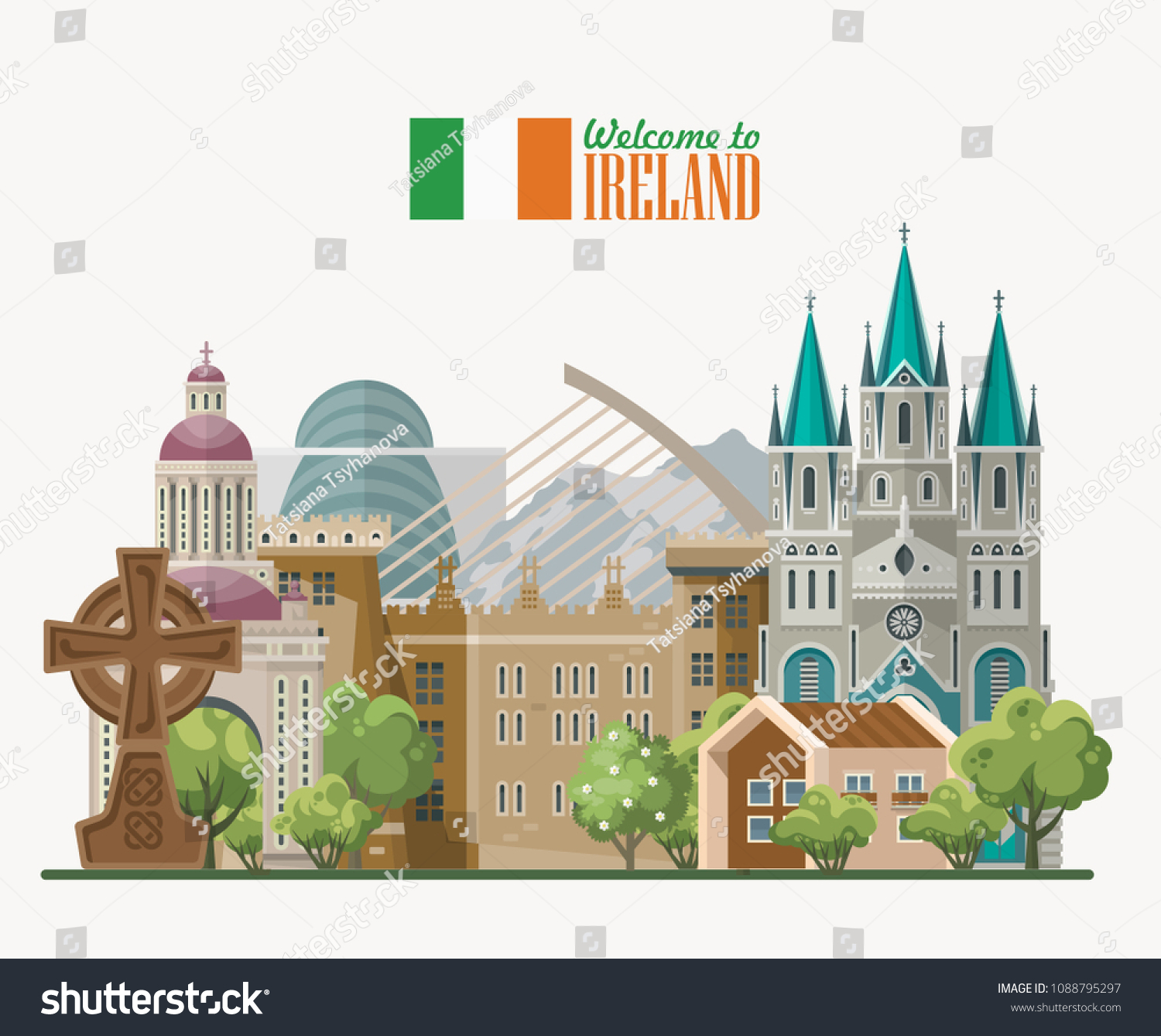 Ireland vector illustration with landmarks and irish castle. Colorful travel template.