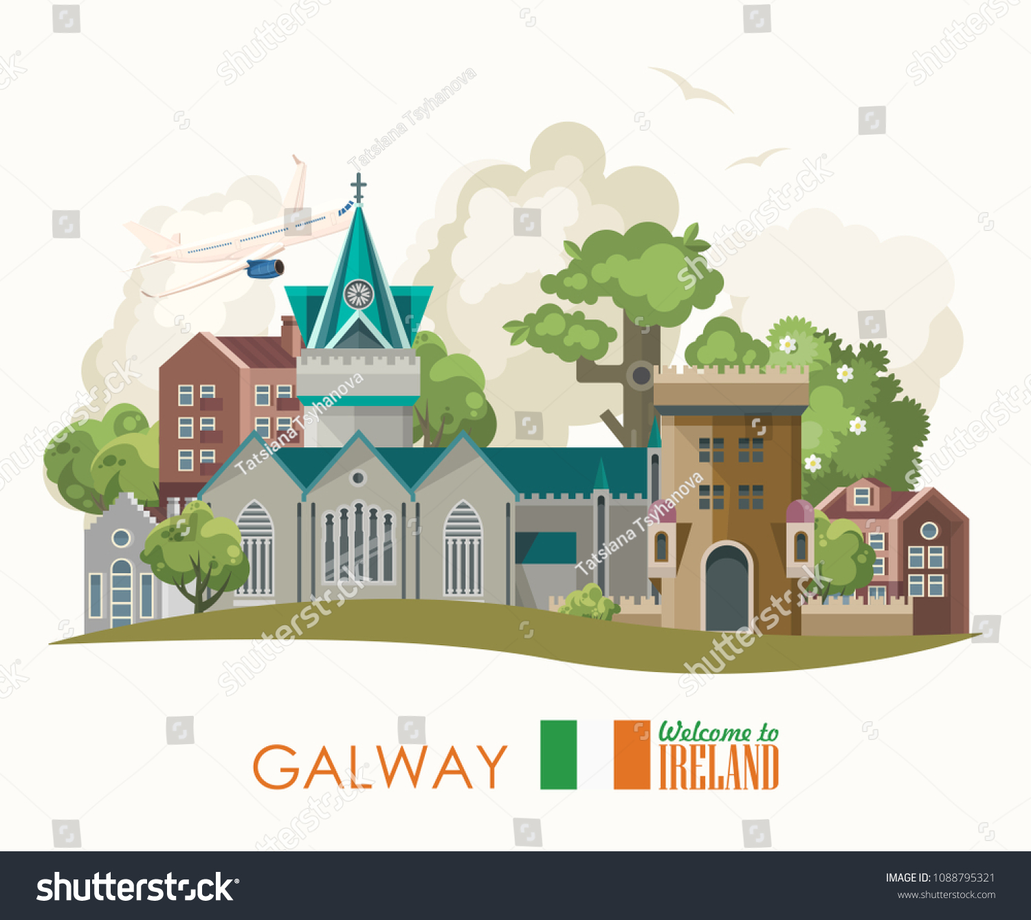 Galway city. Ireland vector illustration with landmarks and irish castle. Colorful travel template.