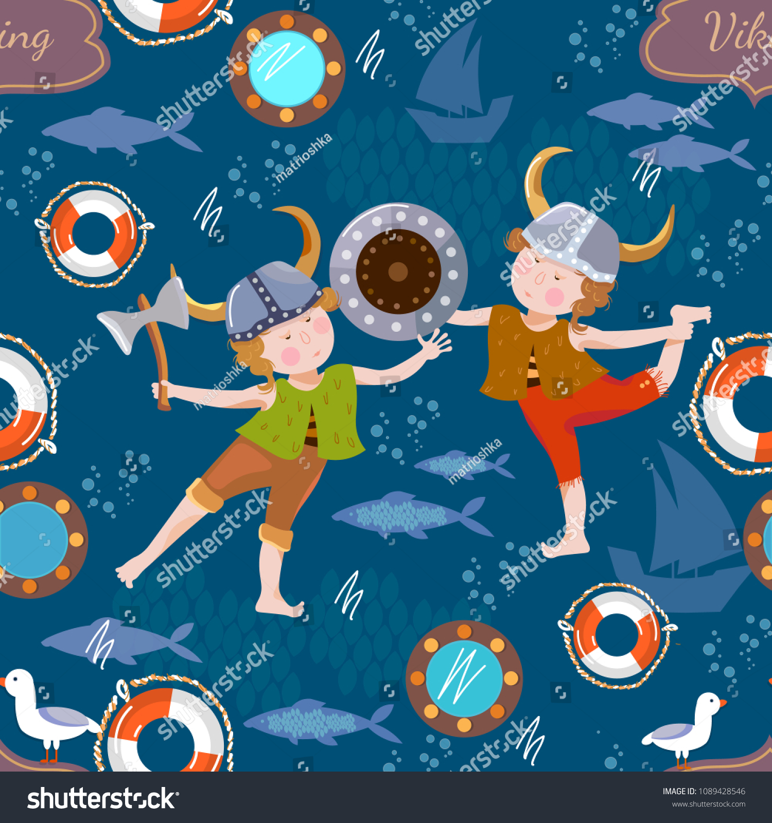 Vikings kids cartoon seamless pattern vector