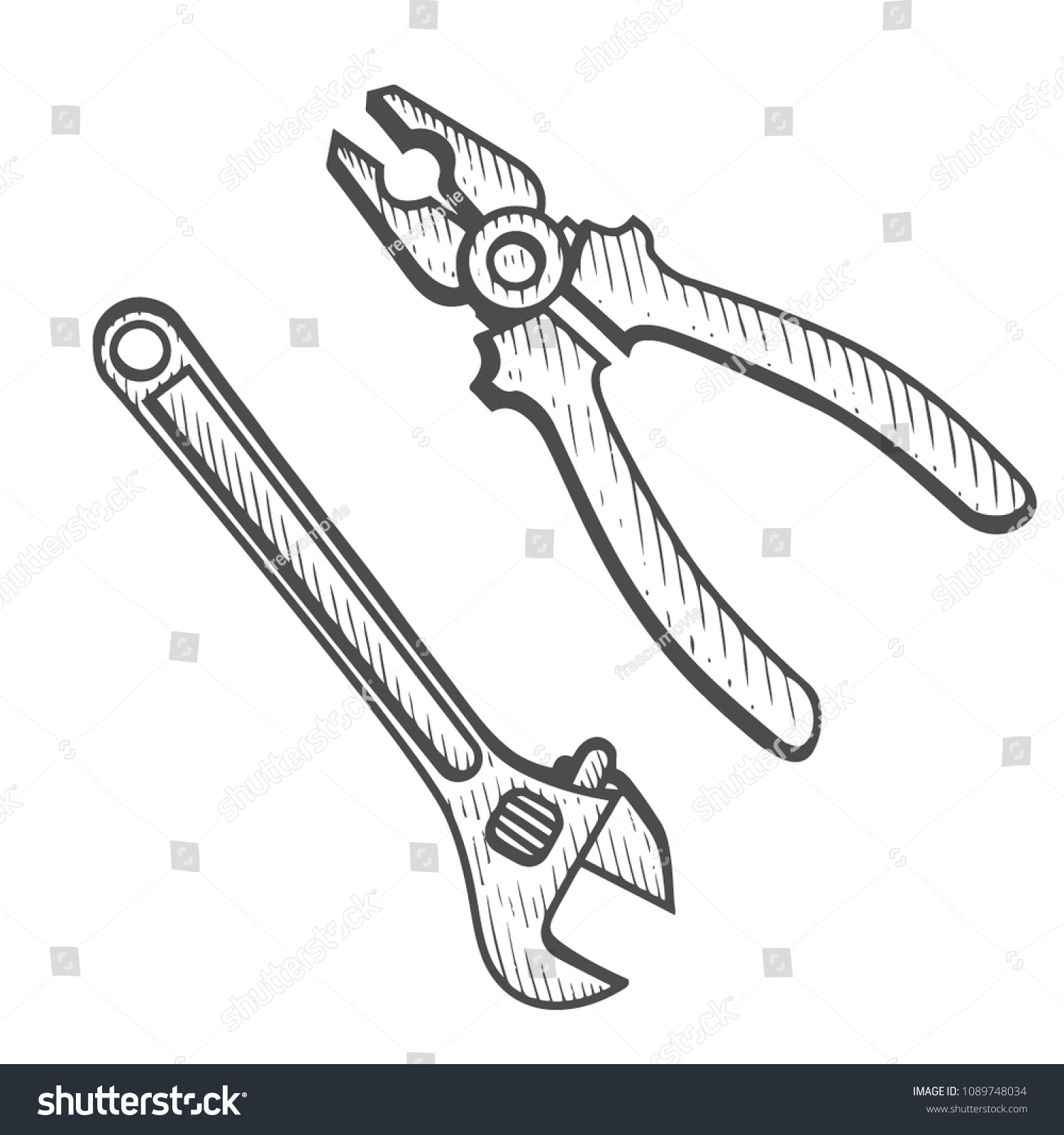 Hand drawn set of tools pliers and adjustable wrench vector engraving ...