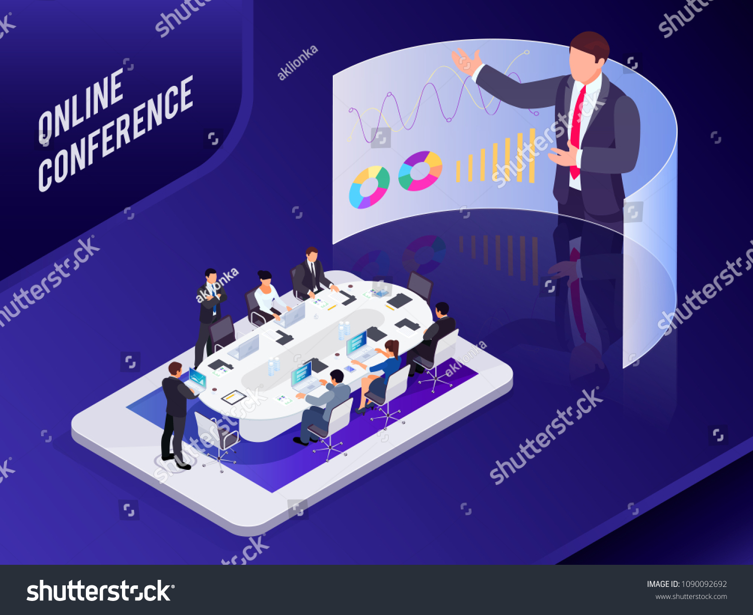 Conference online. Isometric business concept. 3d businessmen sit at a large table and listen to a report  analyze data on computers. Business meeting on the smartphone. Vector illustration.