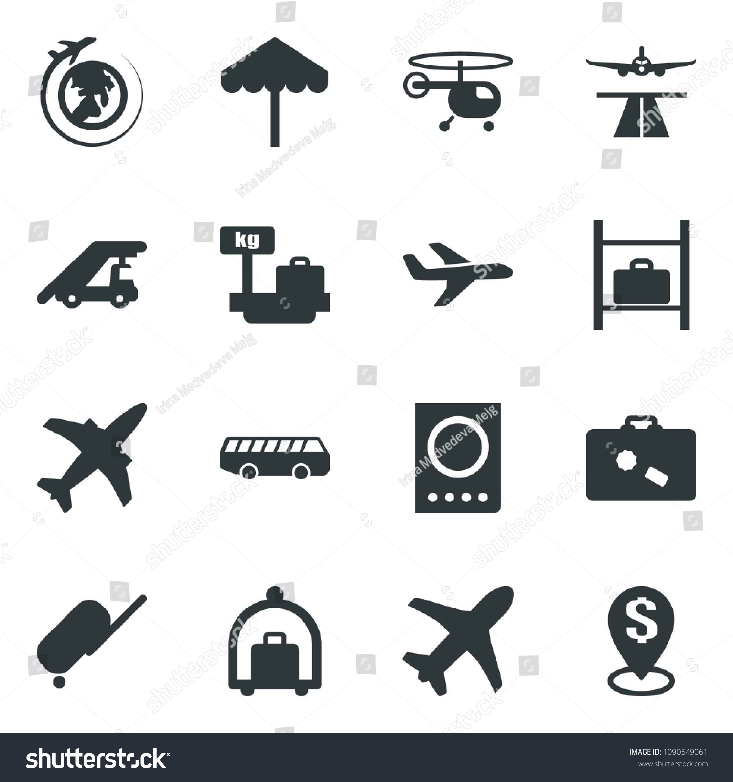 Black vector icon set plane vector  runway  suitcase  baggage trolley  airport bus  umbrella  passport  ladder car  helicopter  luggage storage  scales  globe  dollar pin