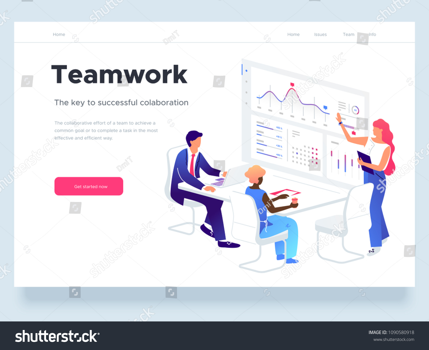 人们在团队中工作并与图形互动。业务 工作流程管理和办公室情况。着陆页模板。 3D矢量等距图。