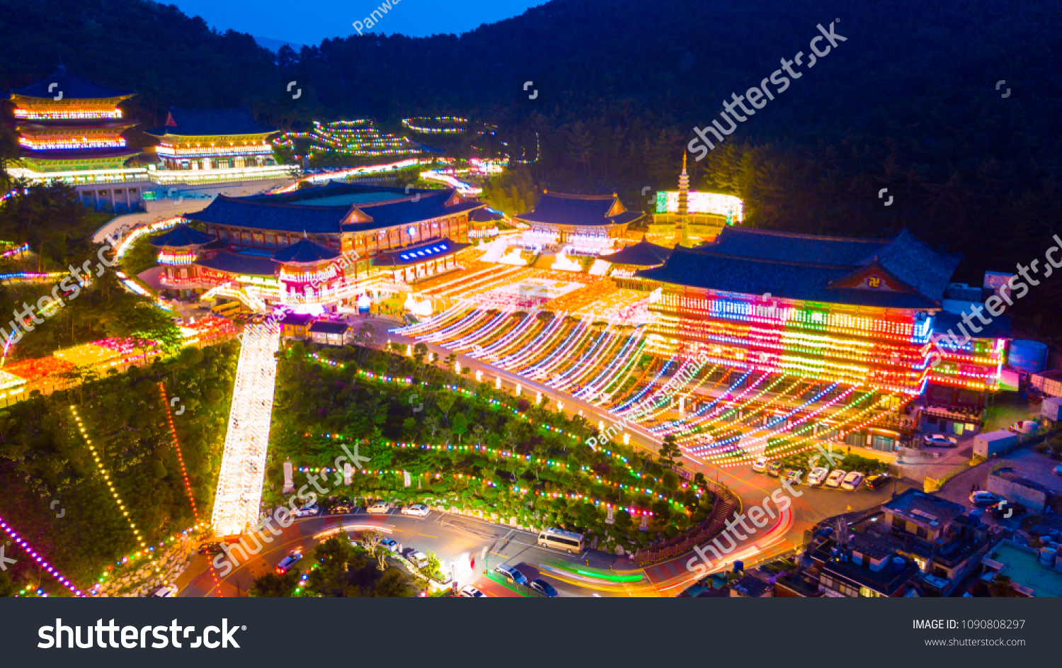 Aerial view of Samgwangsa temple at nighttime in Busan city South Korea.Thousands of paper lanterns decorate Samgwangsa Temple in Busan city of South Korea for Buddha's Birthday.